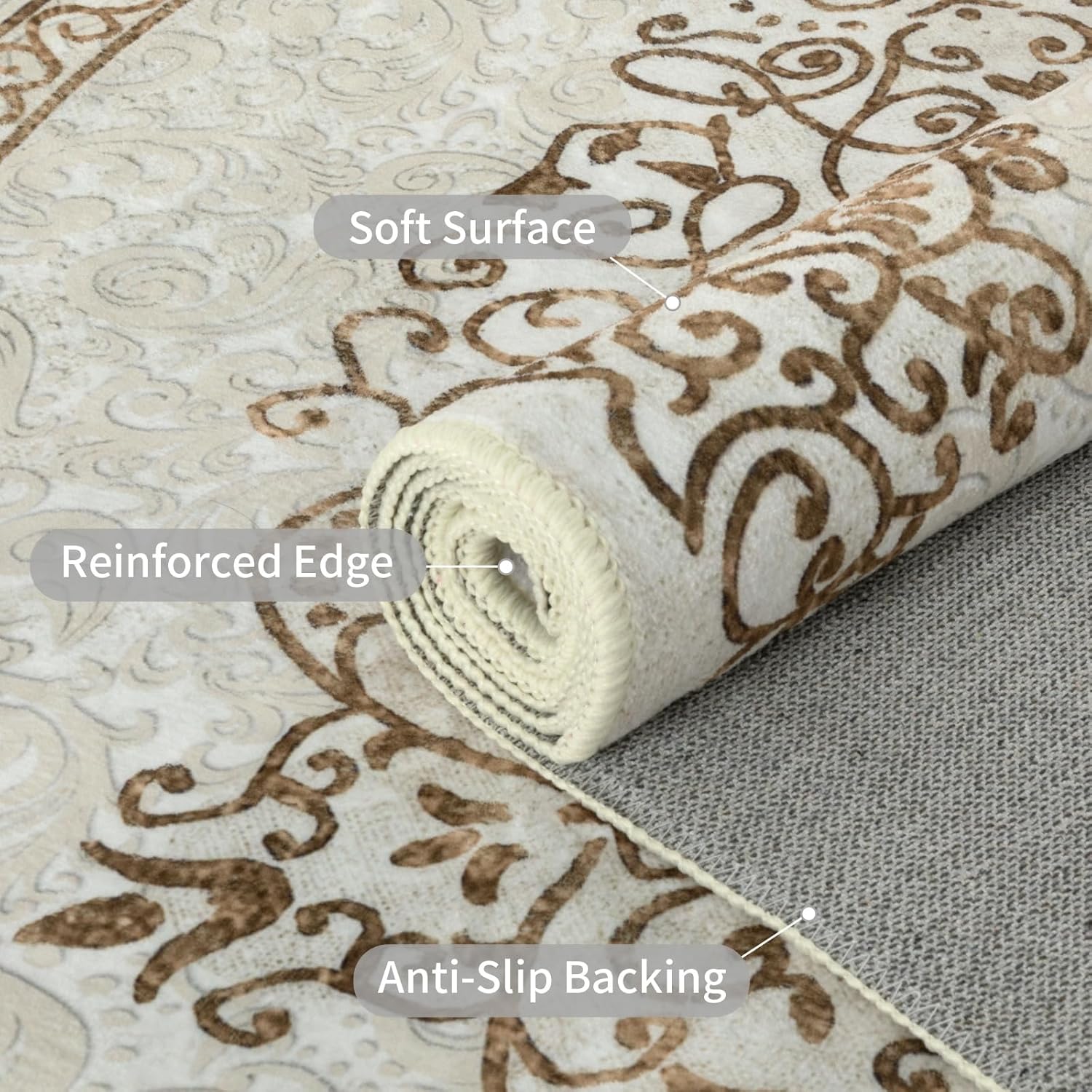 Easy-Going Area Rug 6x9 Washable Boho Neutral Rugs for Living Room Non-Slip Bedroom Rug Low Pile Lightweight Floral Brown Print Vintage Throw Rug for Dining Room Bathroom Kitchen Home Office Carpet
