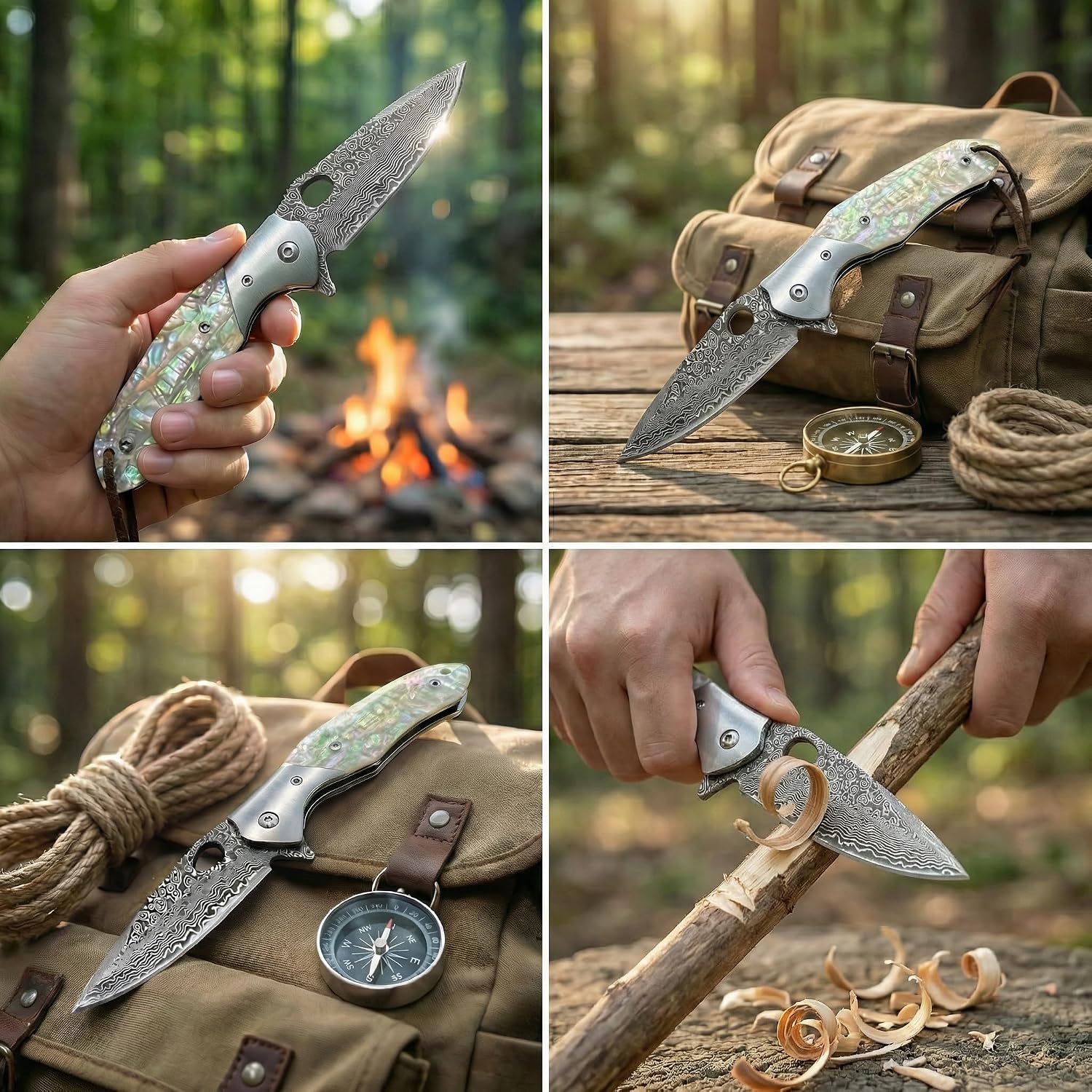 Damascus VG10 Steel Folding Pocket Knife, 3.15" Blade MOP Handle EDC Knife with Mechanical Lock Pocket Clip for Men Women Camping Survival Hiking