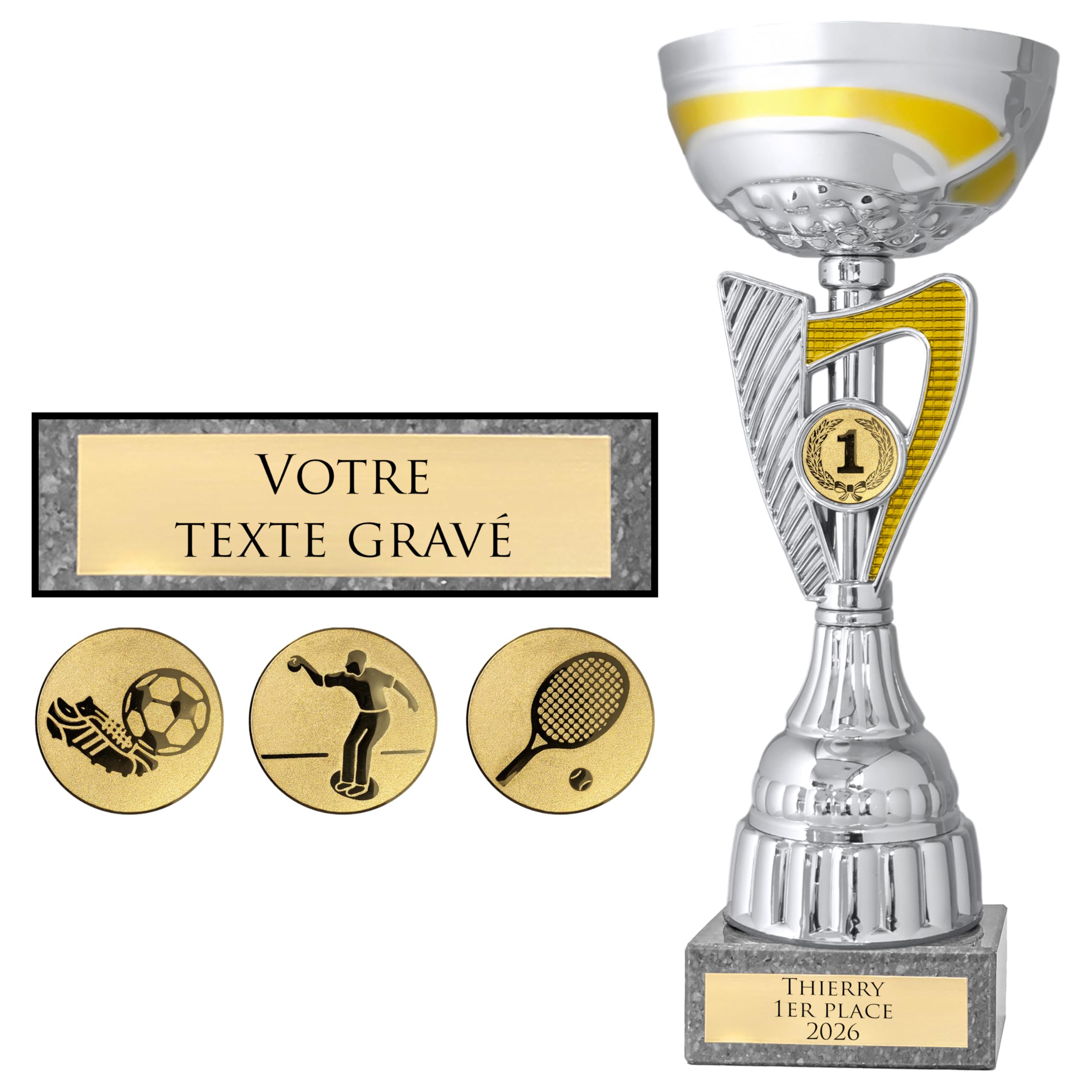 KDO MAGIC Trophée Personnalisable - Coupe personnalisée avec Texte - Gravure - Plusieurs modèles - Or et Argent - Cadeau fête des Pères, Anniversaire, Sport