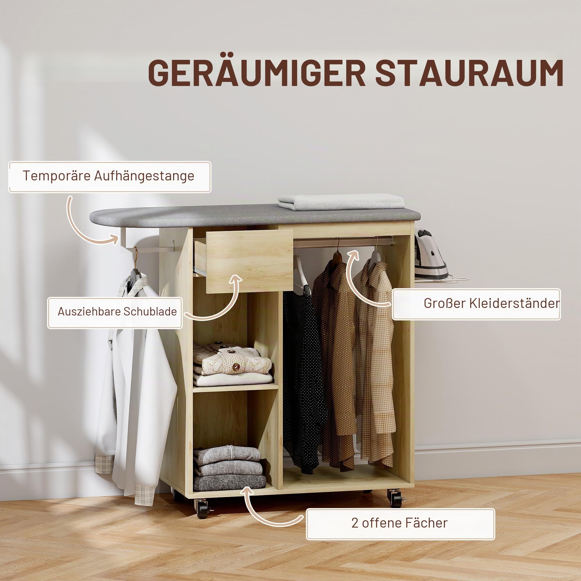 HOMCOM Bügelschrank aus Holz, Bügeltisch mit Rollen, Kleiderstange, offenes Regal, für Wohnzimmer, Schlafzimmer, 125 x 43,5 x 102,5 cm, Naturholz