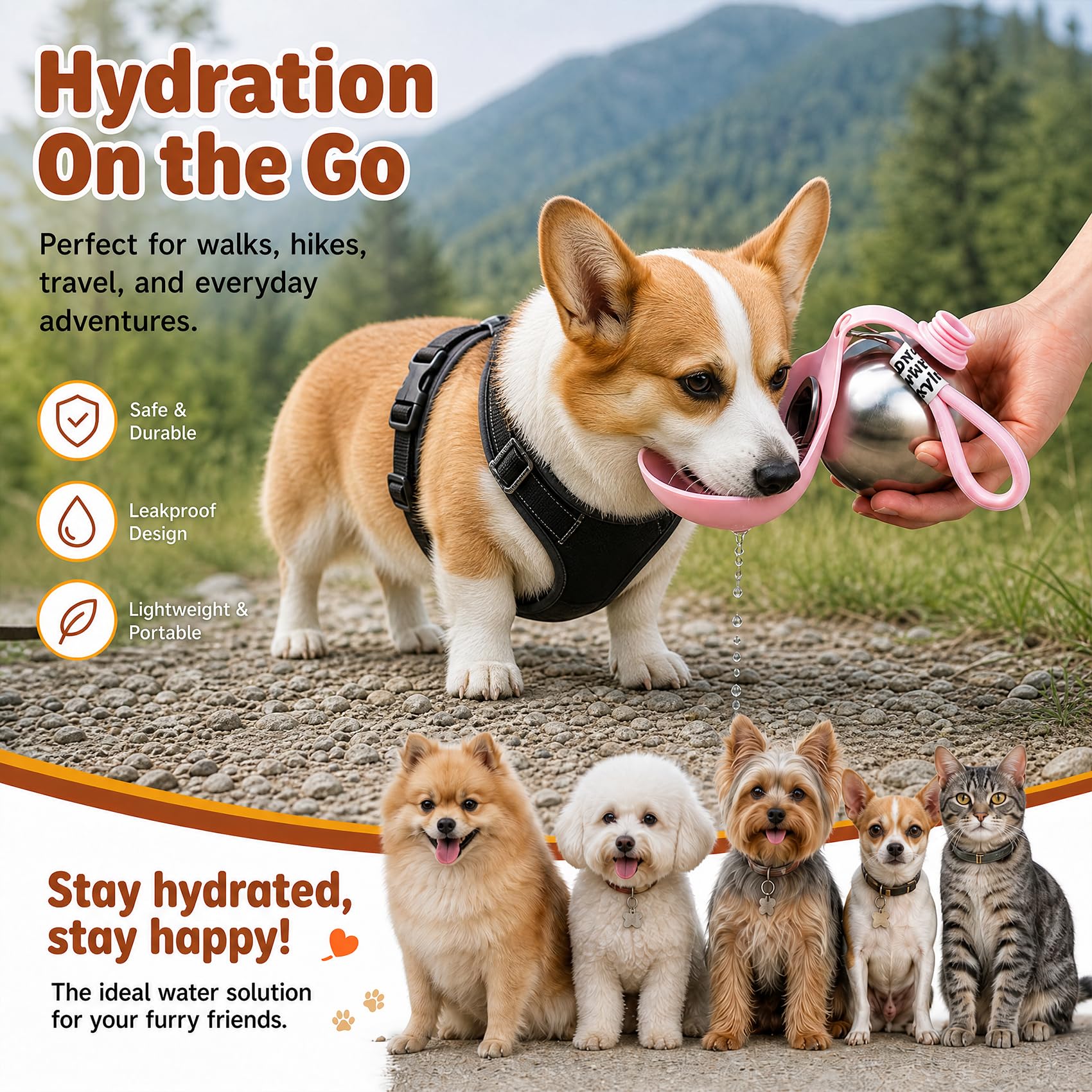Trinkflasche Hunde für Unterwegs, 2 Stück Hundetrinkflasche für Unterwegs, 285ml Edelstahl Auslaufsichere Hunde Trinkflasche mit Faltbarem Silikonnapf für Spaziergäng, Wanderungen, Reisen, Camping