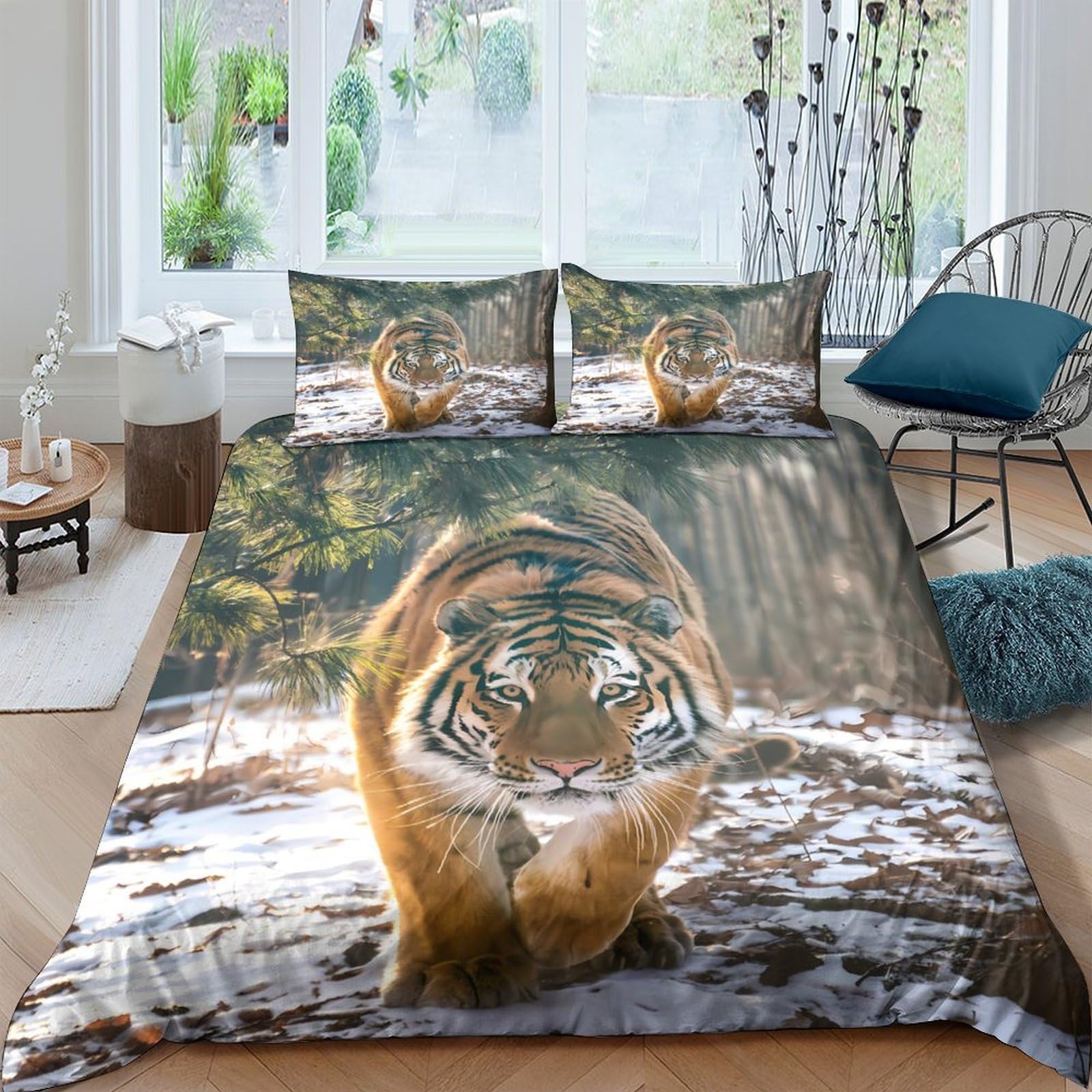 Ctjqhvkz Style-3 3D Printed Tiger In Forest Fitted Sheet Microfiber Soft Breathable Wild Animal Mattress Cover For Bedroom Dorm Decor Single（135X200cm）