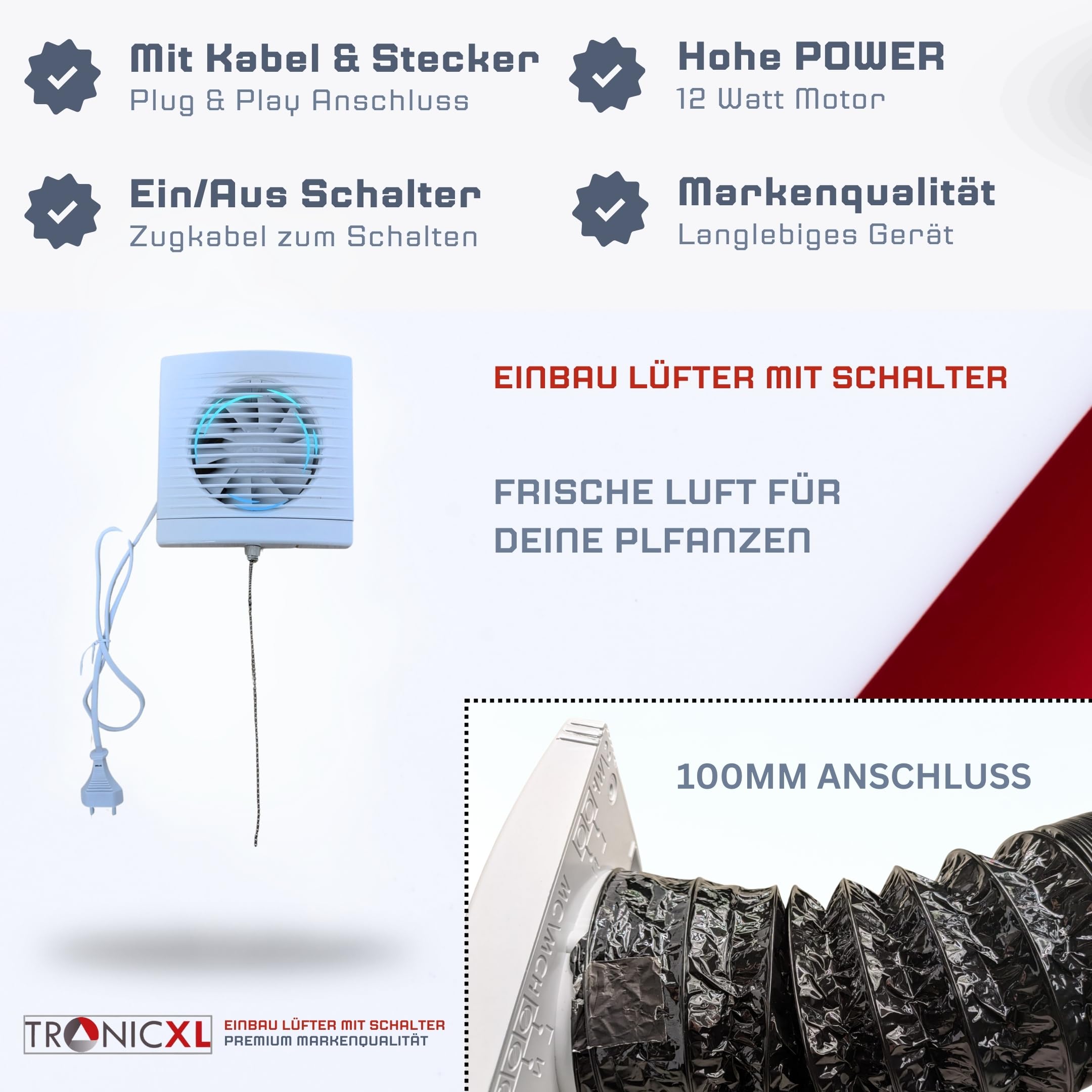 TronicXL IPX4 100mm Abluft/Zuluft Grow Lüfter Ventilator mit Netzstecker und Schalter für Homebox Growbox Growschrank Secret Jardin GrowPro DiamondBox Zelsius Mars Hydro etc.