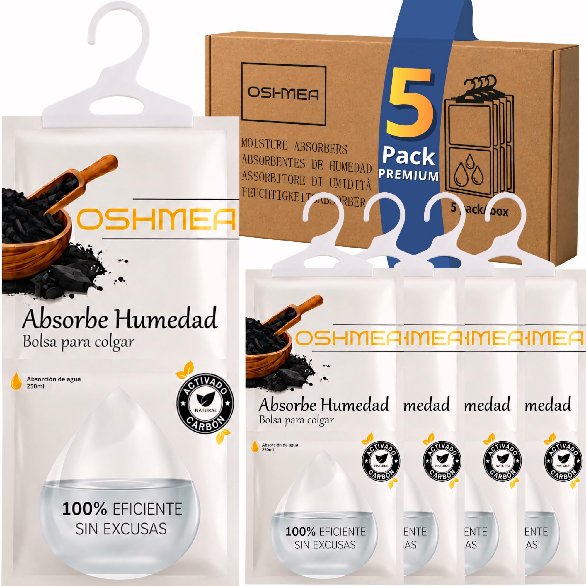 Pack de 5 Bolsas Antihumedad PREMIUM con CARBON ACTIVADO | Bolsas Deshumidificadoras para colgar | Deshumidificador Armario | Previene Humedad y Malos Olores en Ropa y Armarios | Alta Eficacia