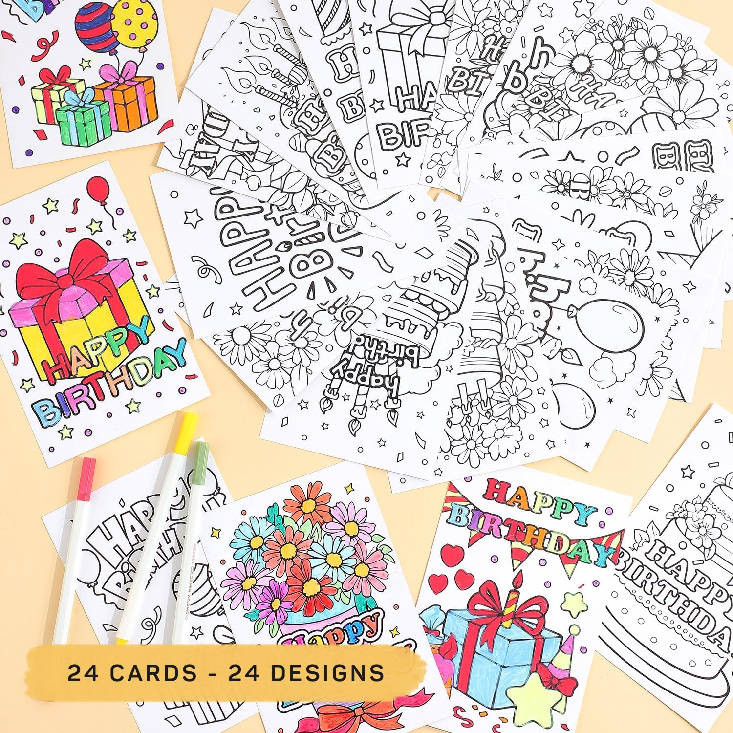 Birthday Coloring Cards - 24 Unique Blank Greeting Card Set with Cakes, Flowers & Gifts | DIY Art Craft for Kids, Adults | Holiday Gift Ideas for Mom, Friends | Thank You & Greeting Card Collection - Image 9