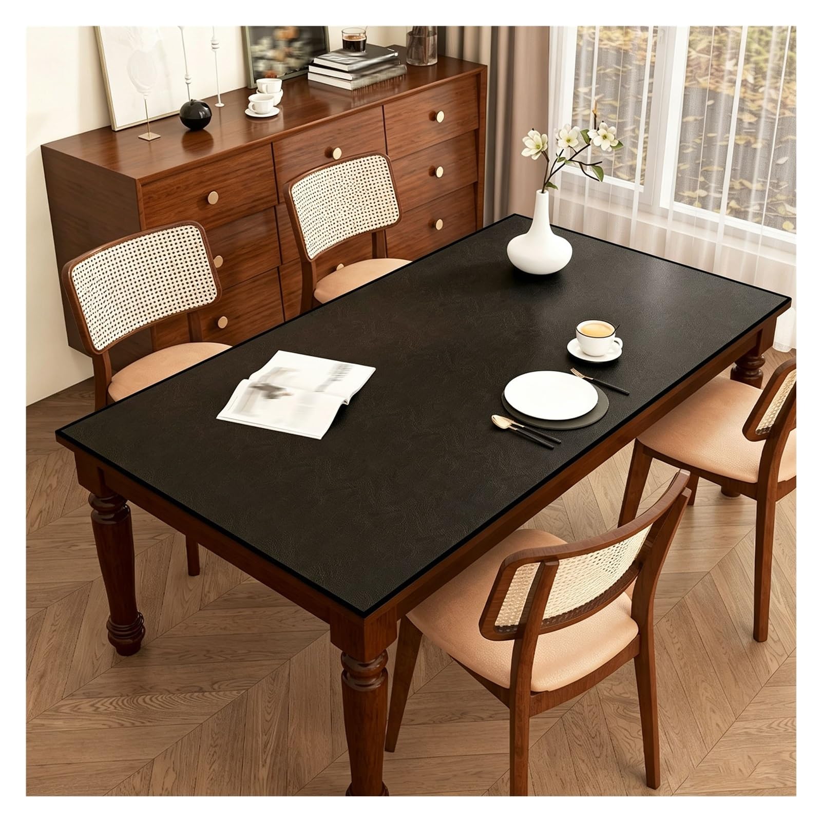 Nattes Table Similicuir Réversibles, Noir/Lait, Anti-Chaleur Antidérapantes | Déco Vintage Cuisine, Protections Tables à Manger & Basse, Anti-Taches de Graisse et Coulis(Black,70x140cm/2.3x4.6ft)