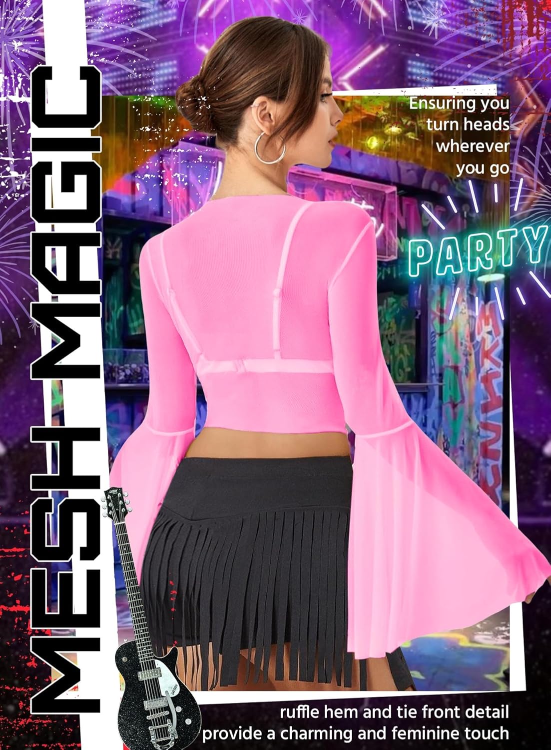 Rave Bell Mesh Crop Top for Women - EDC Festival Long Sleeve Tie Front Sheer Shirt Ruffle Fairycore Blouse Outfits - Image 6