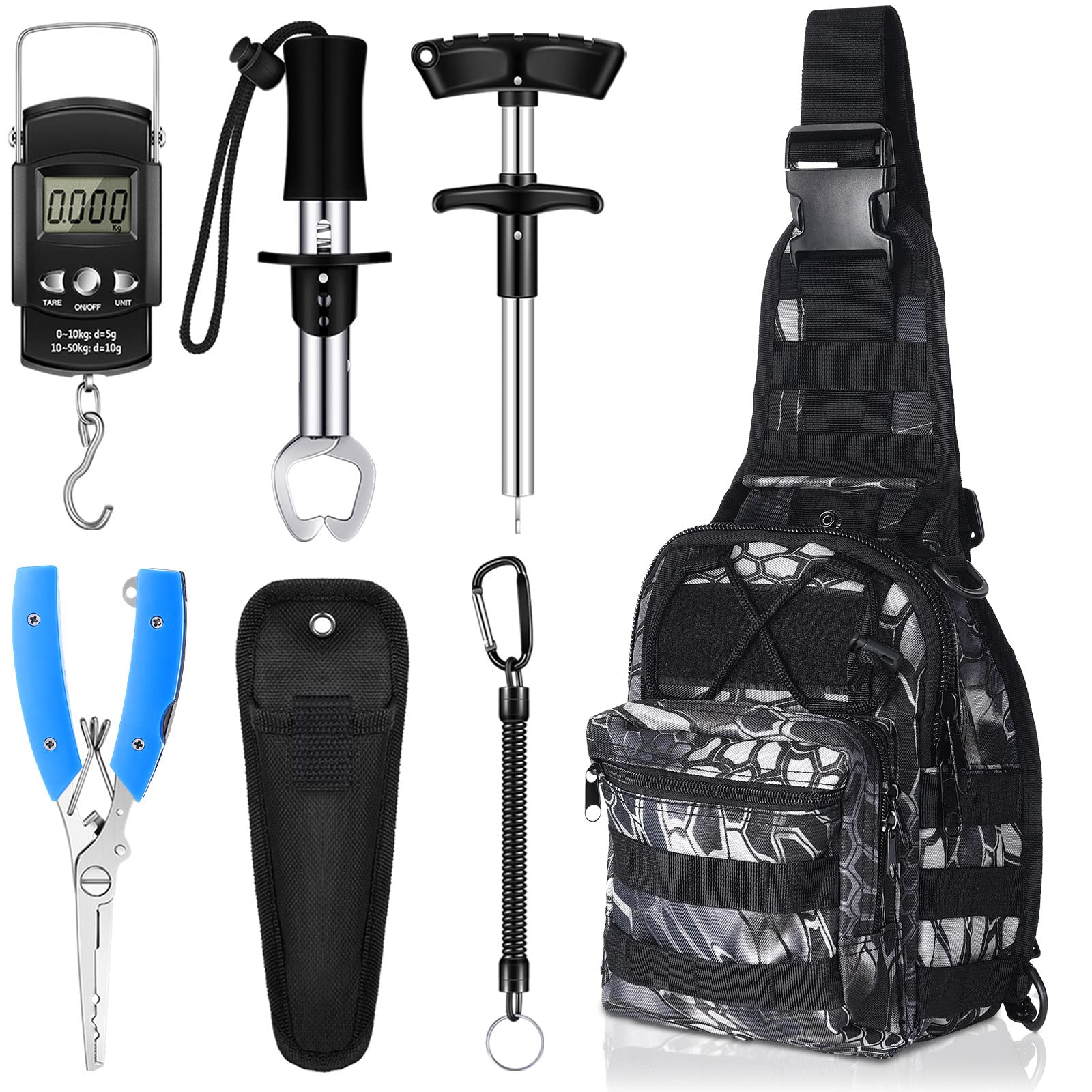 Hungdao 7 Pcs Fishing Gifts Backpack Tool Kit Fishing Gear Set Fish Hook Pliers Remover Digital Scale Gripper Sheath Lanyards Fish Hook Separator