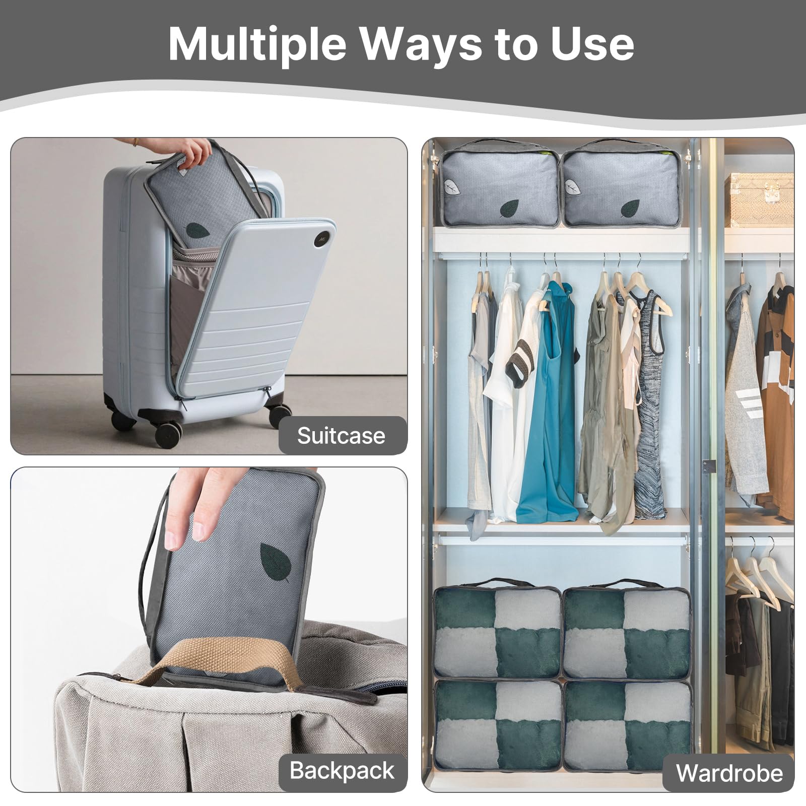 Cubi da imballaggio extra large, 6 pezzi, 62 x 40 x 15 cm, borse organizer per valigie, in rete, solo extra large (grigio chiaro, 6 x XXL)
