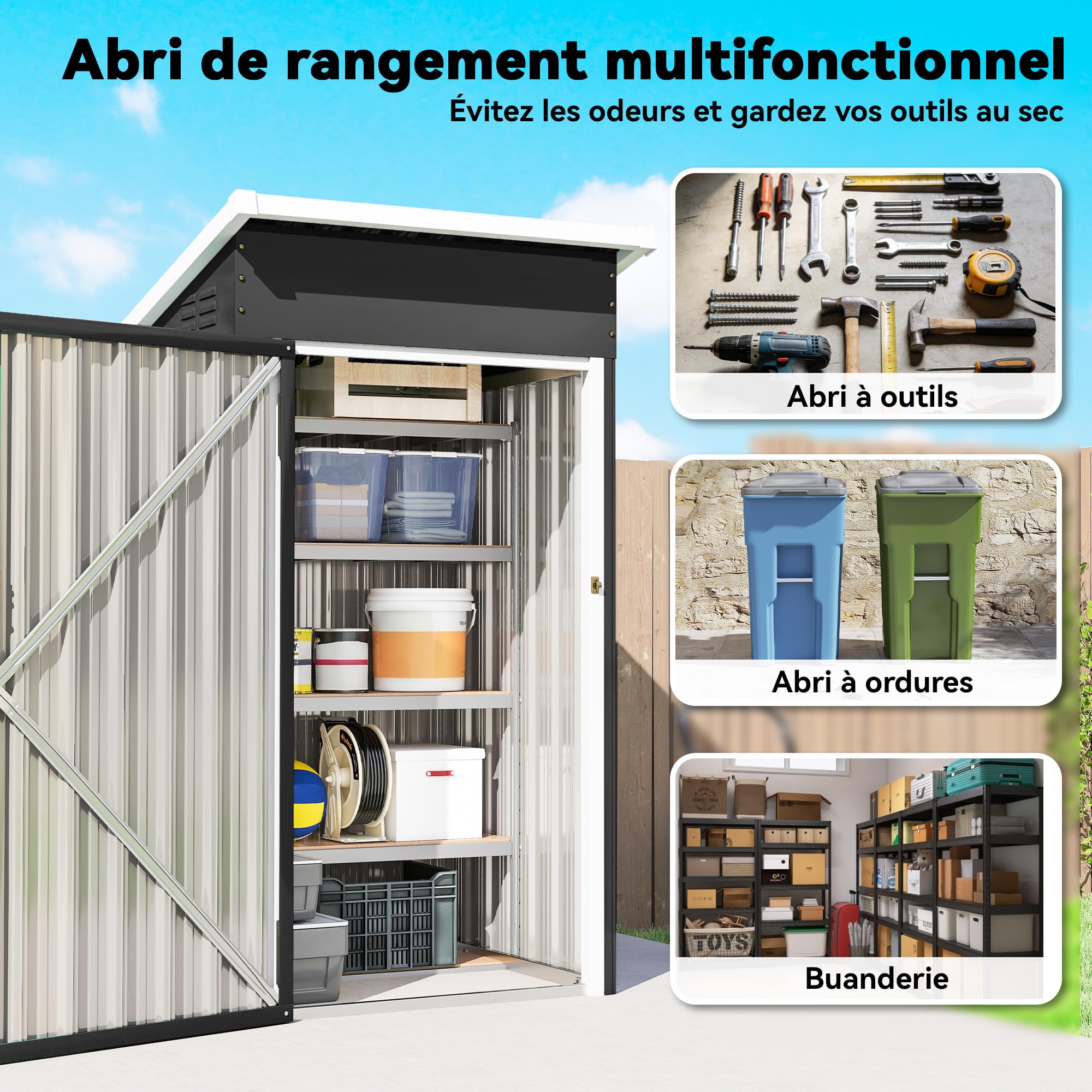 Outsunny Abri de Jardin en Métal Cabane 107,5 x 91 x 185 cm Gris Foncé | Cabane de Jardin Extérieure, Porte Verrouillable, Toit Incliné, Aérations, Gants, Cabanon Rangement Outils, Acier Galvanisé
