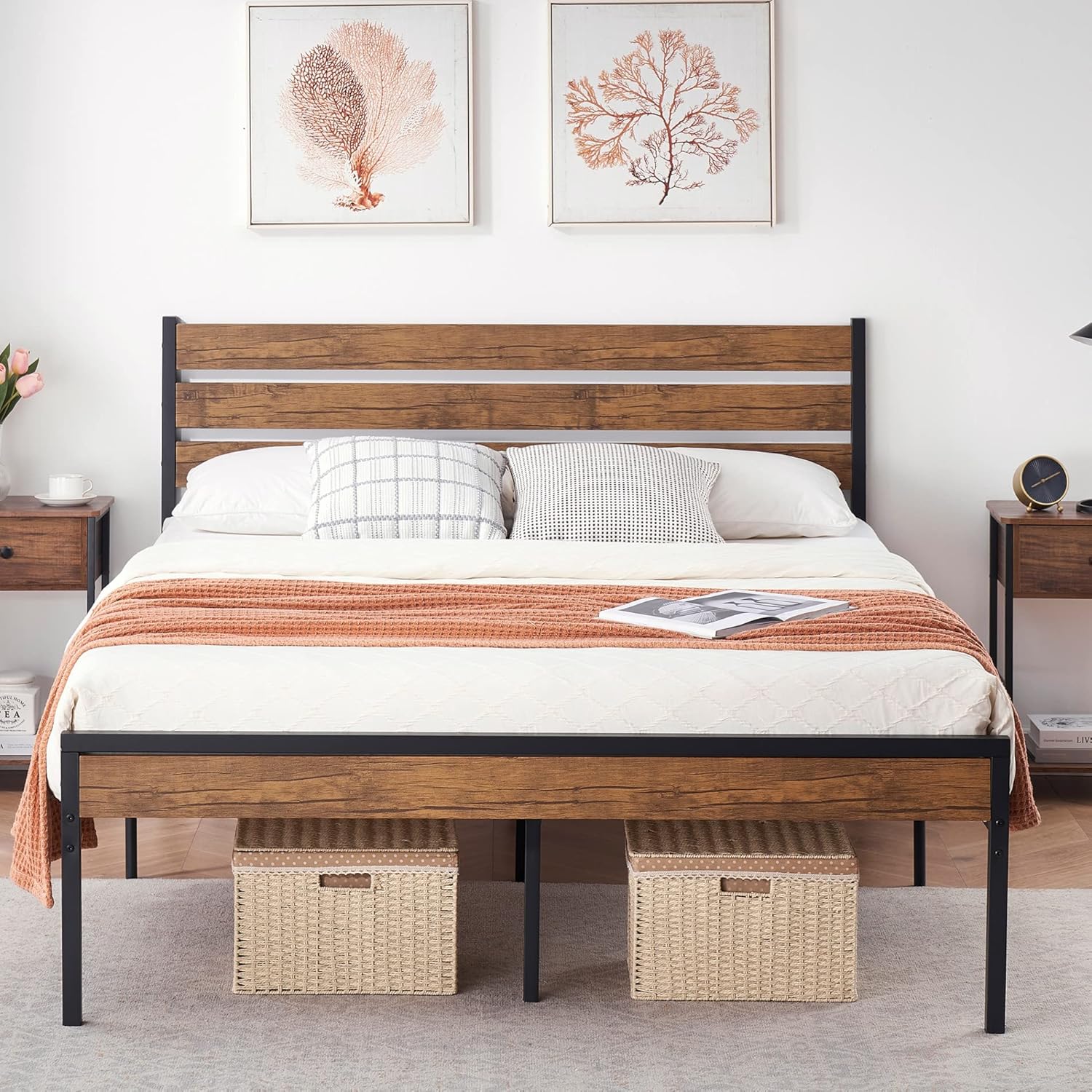 Alkmaar Bed Frame with Wood Headboard and Metal Slats