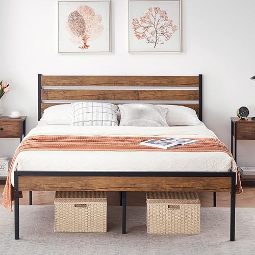 Miniatura 1 de Alkmaar Bed Frame with Wood Headboard and Metal Slats Support Platform Bed Frame with Storage No Box Spring Needed (Queen) Black