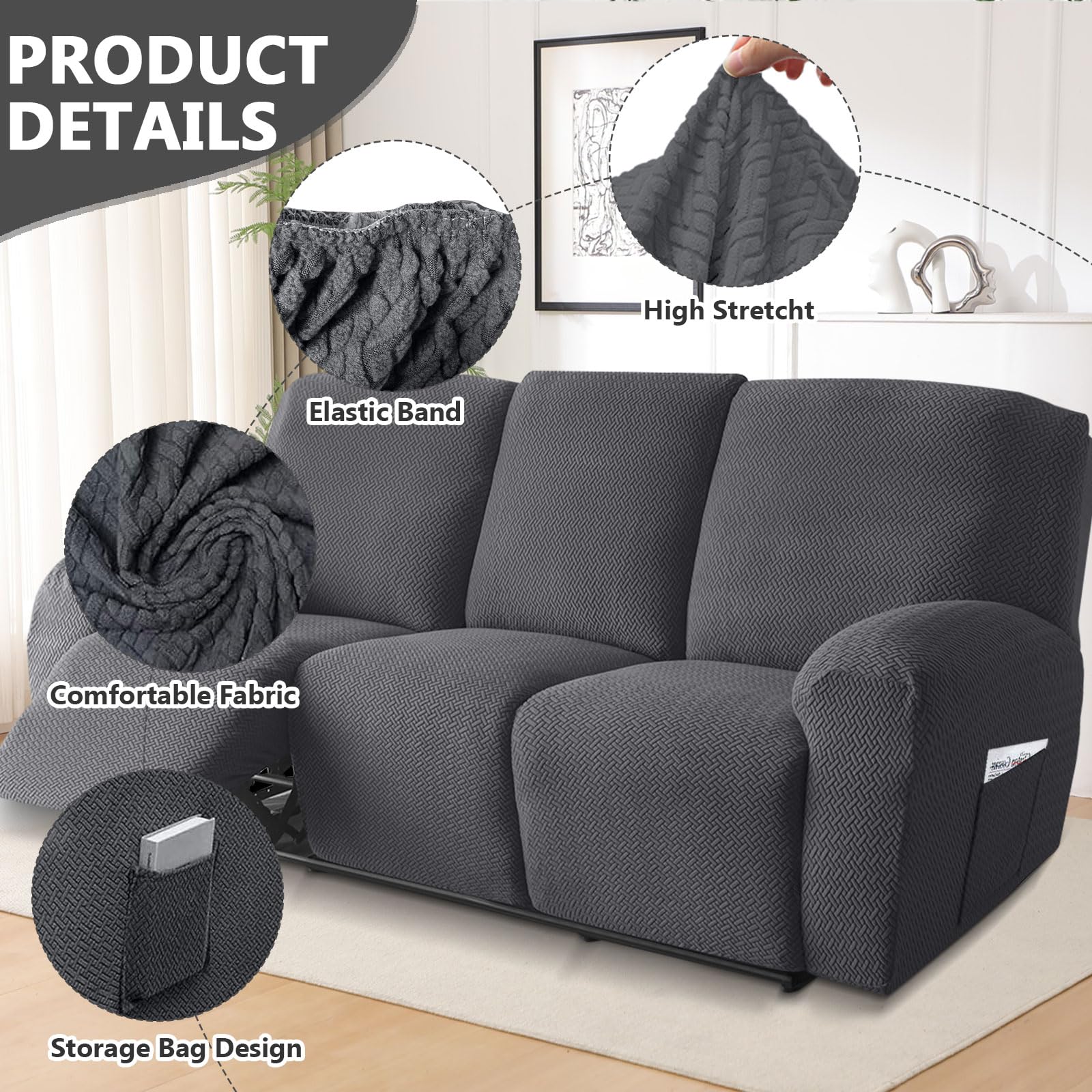8 Teilig Sesselbezug, Sesselschoner für Relaxsessel, Samt Ruhesessel Bezug, Komplett Sesselschoner, für Fernsehsessel, Stretch Sessel Überzug mit Taschen, Für Kinder Haustiere