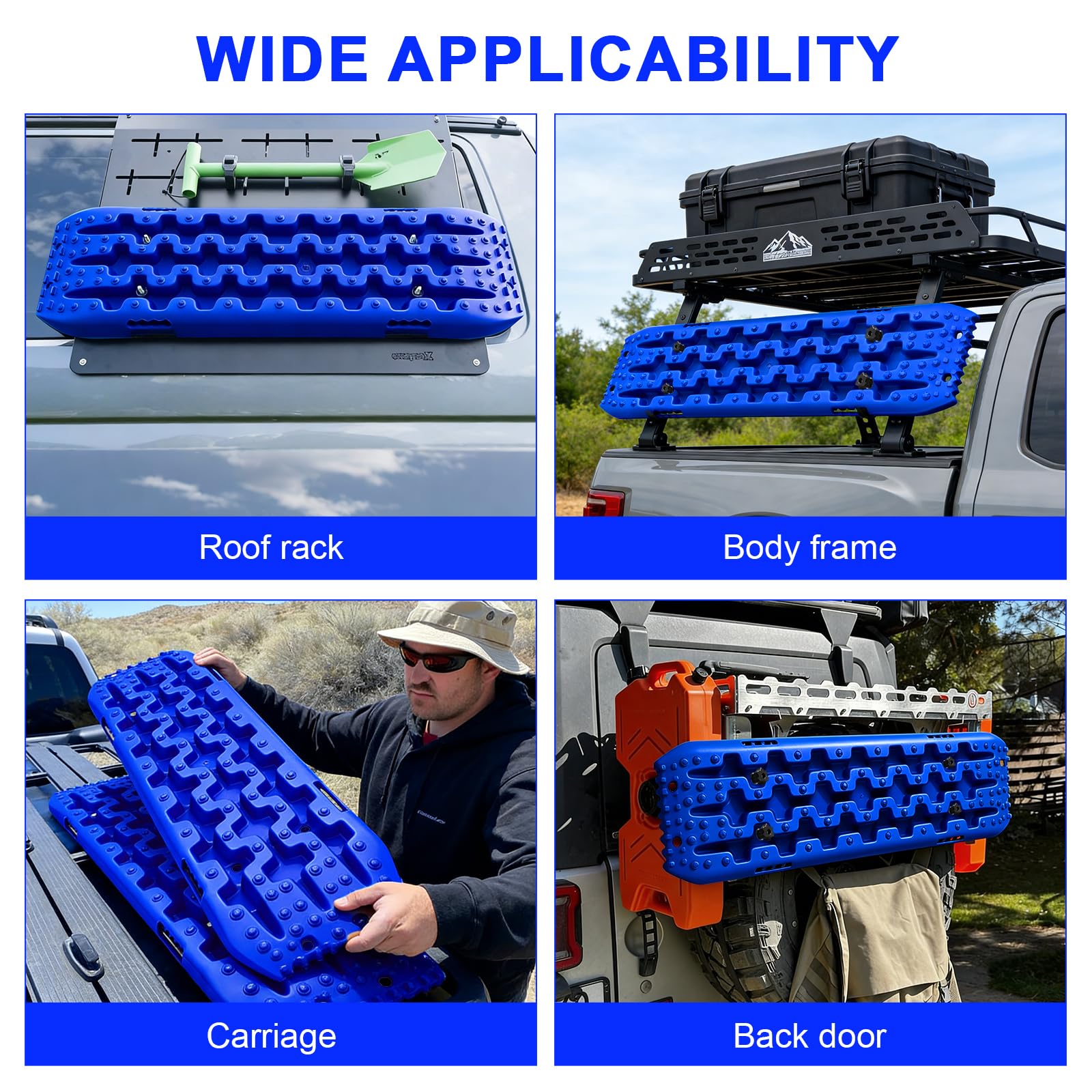 EXLECO 2er Sandbleche Wohnmobil Anfahrhilfe Offroad Zubehör Recovery Board Traktionshilfe Auffahrkeile mit Aufbewahrungstasche & Halterung PKW Anhänger Reifenleiter für Sand Schlamm Schnee Blau