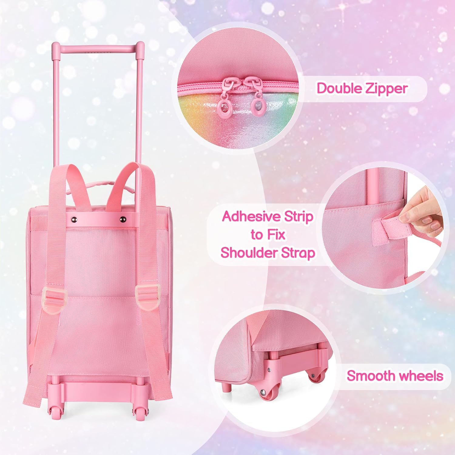 Travel Rolling Suitcase Compatible with Barbie Dolls 12-Inch Holds up to 6 Dolls, Storage Luggage Backpack with Wheels and Handle, Multiple Pockets for Doll’s Clothes, Accessories, Pink, Bag Only