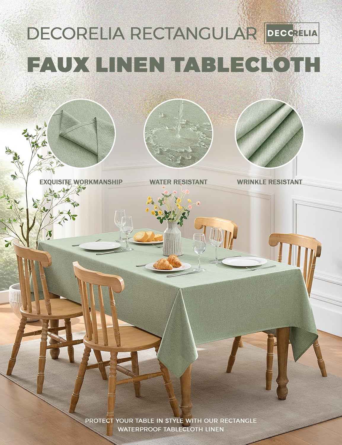 Decorelia Faux Linen Farmhouse Table Cloth 60"x104" for 6 ft Rectangle Table, Sage Green Waterproof Outdoor Washable Cloth Tablecloth for Rectangular Dining Room Kitchen Outdoor Party Restaurant Decor