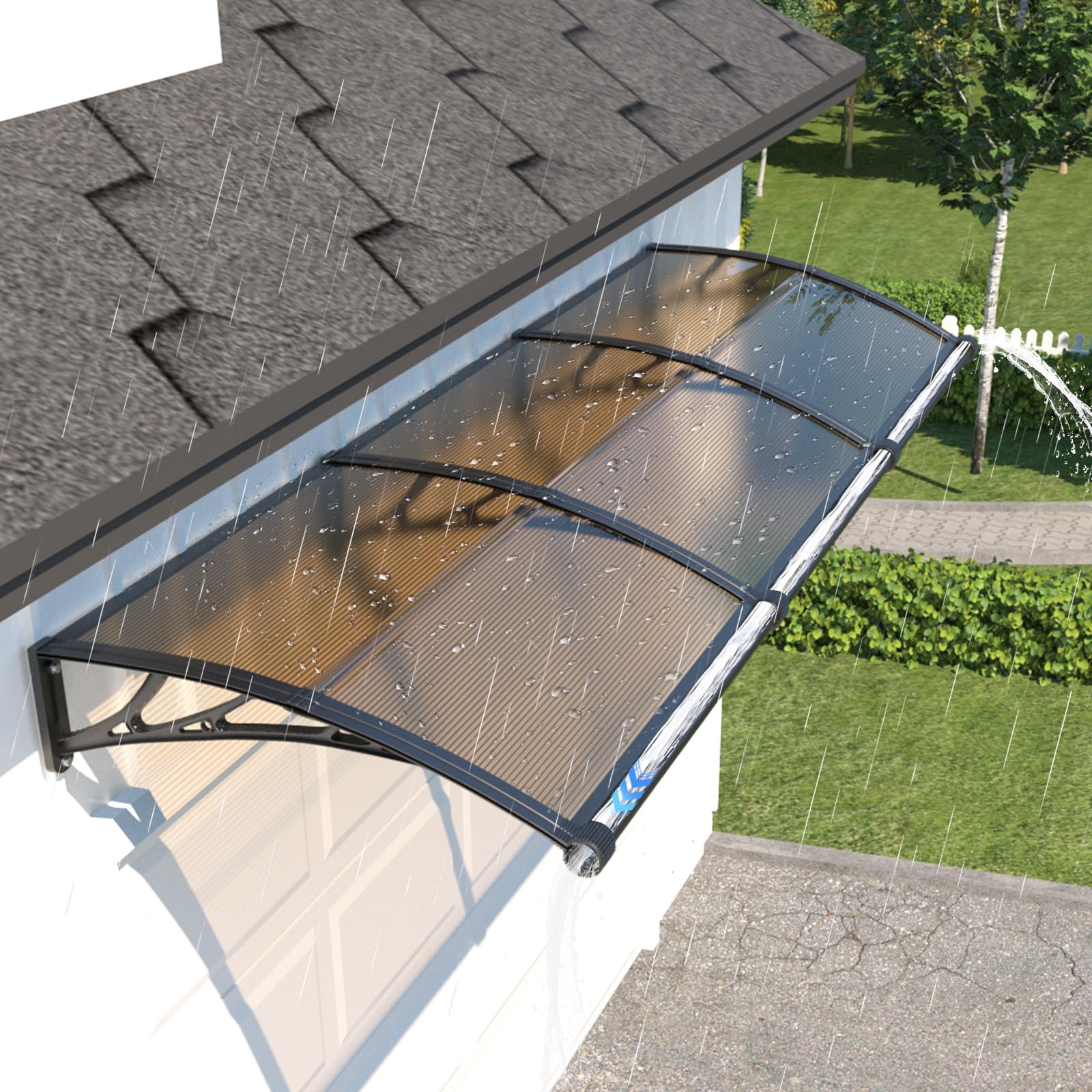 GUANSU Vordach für Haustür 100x300 cm, Überdachung Haustür aus Polycarbonat, Transparentes Pultbogenvordach – Schützt vor Regen Schnee für Terrasse, Veranda Fenster