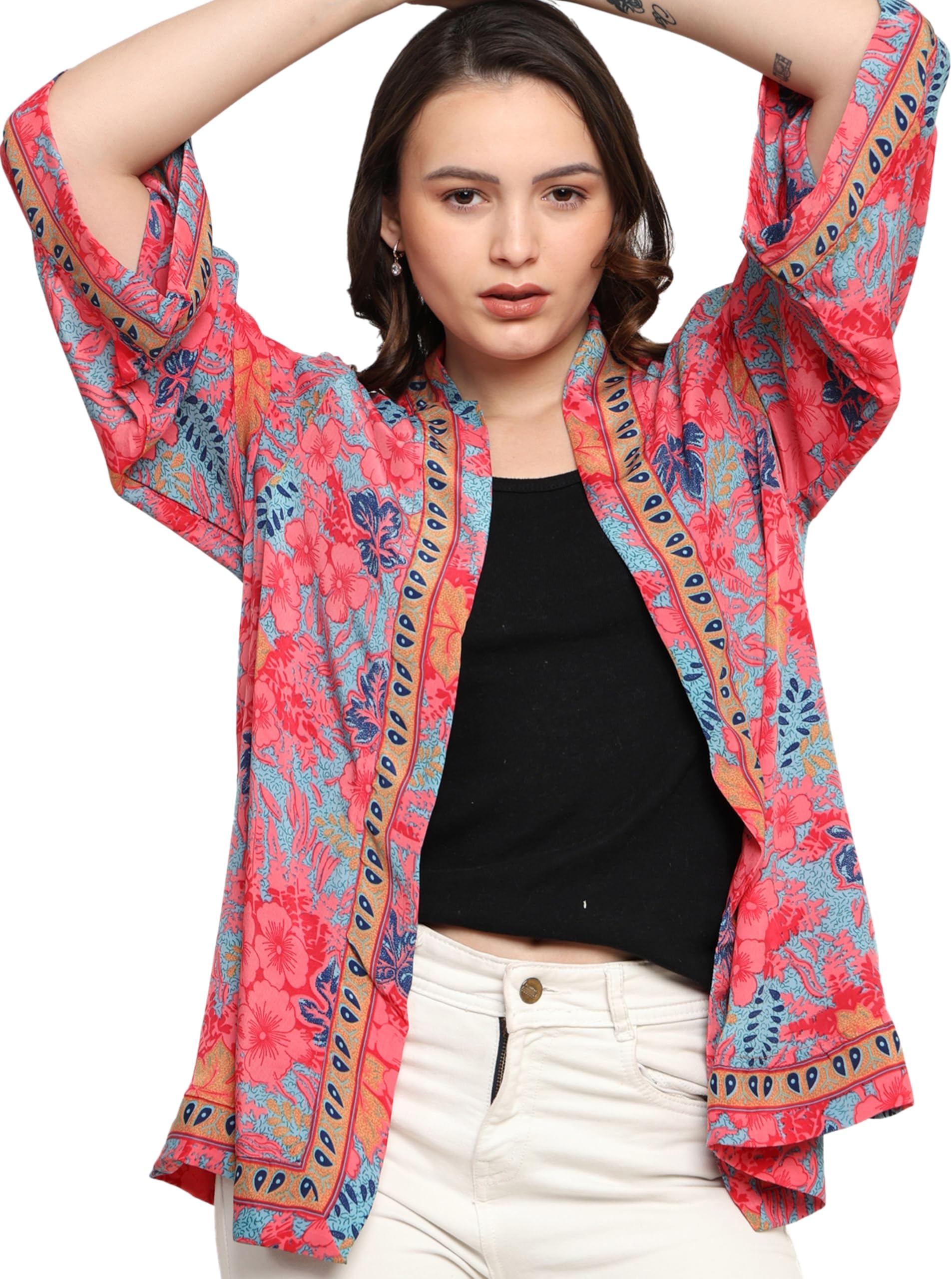 KE KANHA EXPORTS Women's Boho Border Print Shrug|Stylish Kimono Jacket Cover Up|Soft Silky-Feel Premium Fabric|Blue Multicolor|Easily Fits S-M-L|Bust 30-42 in|Length 28 in|Pack of 1