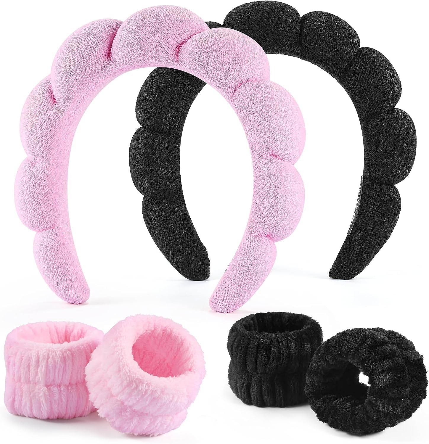Premify 2 Sets Spa Sponge Headbands & Wristbands Set for Women & Girls, Makeup Removal Headband | Terry Towel Cloth Fabric Hair Band for Washing Face, Skincare (2 Sets Black & Pink)