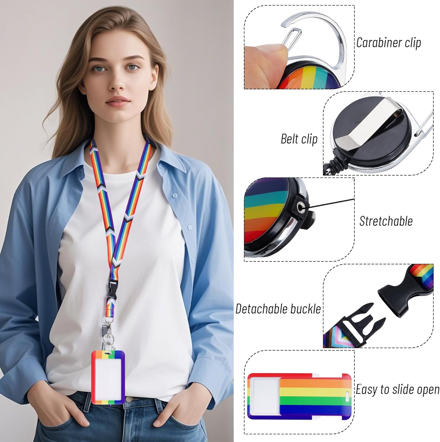 ID Badge Holder with Breakaway Lanyard and Retractable Badge Reel Clip Adjustable Lanyard Card Name Tag Keychain for Office Teacher Student Nurse Doctor (Rainbow) - Image 4