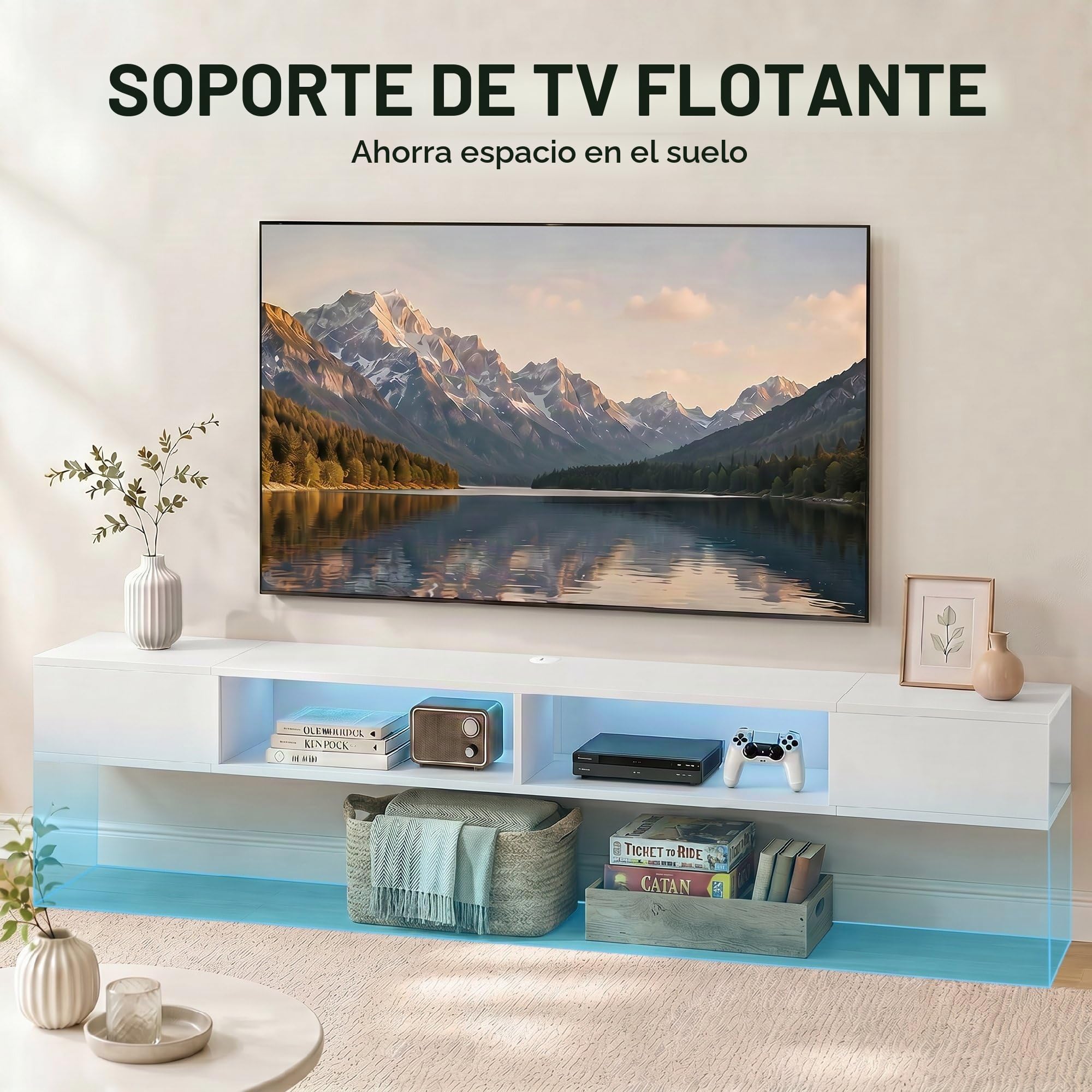 HOMCOM Mueble de TV Suspendido con Luces LED, Mueble de TV para Salón con Estantes Abiertos, Estilo Moderno, para Televisión 75 Pulgadas, 177,8x30x18 cm, Blanco