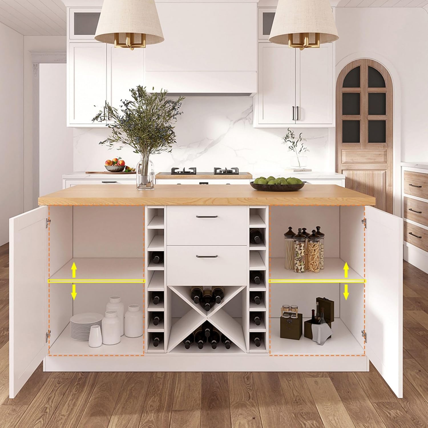 Kitchen Island with Storage, 59.1'' Modern Natural & White Kitchen Island Cabinet with Wine Storage, Drawers & Adjustable Shelves for Kitchen & Dining Room (White & Natural, 59'')