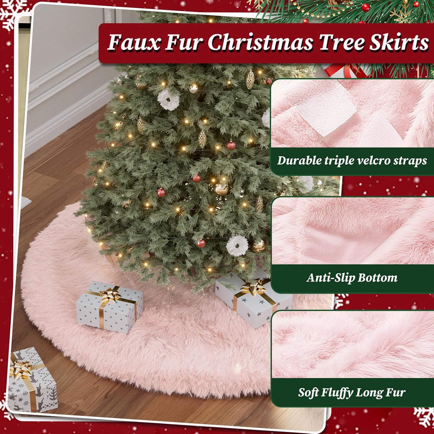 60 Inch Large Christmas Tree Skirt Pink Faux Fur Plush Tree Mat Base Cover for Merry Christmas Party Holiday Home Indoor Xmas Tree Decorations