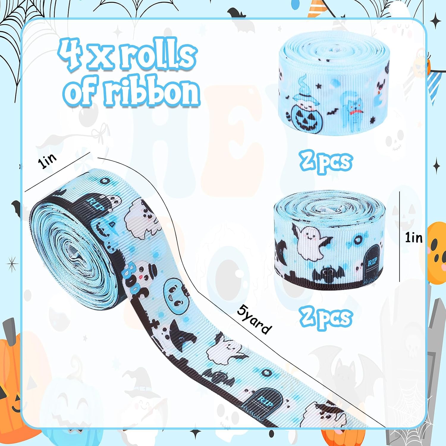 4 Rolls 20 Yards Blue Halloween Grosgrain Ribbons, Ghost Pumpkin Spooky Boo Ribbon for Baby Shower Party Favors Gift Wrapping Diaper Cake Decorations