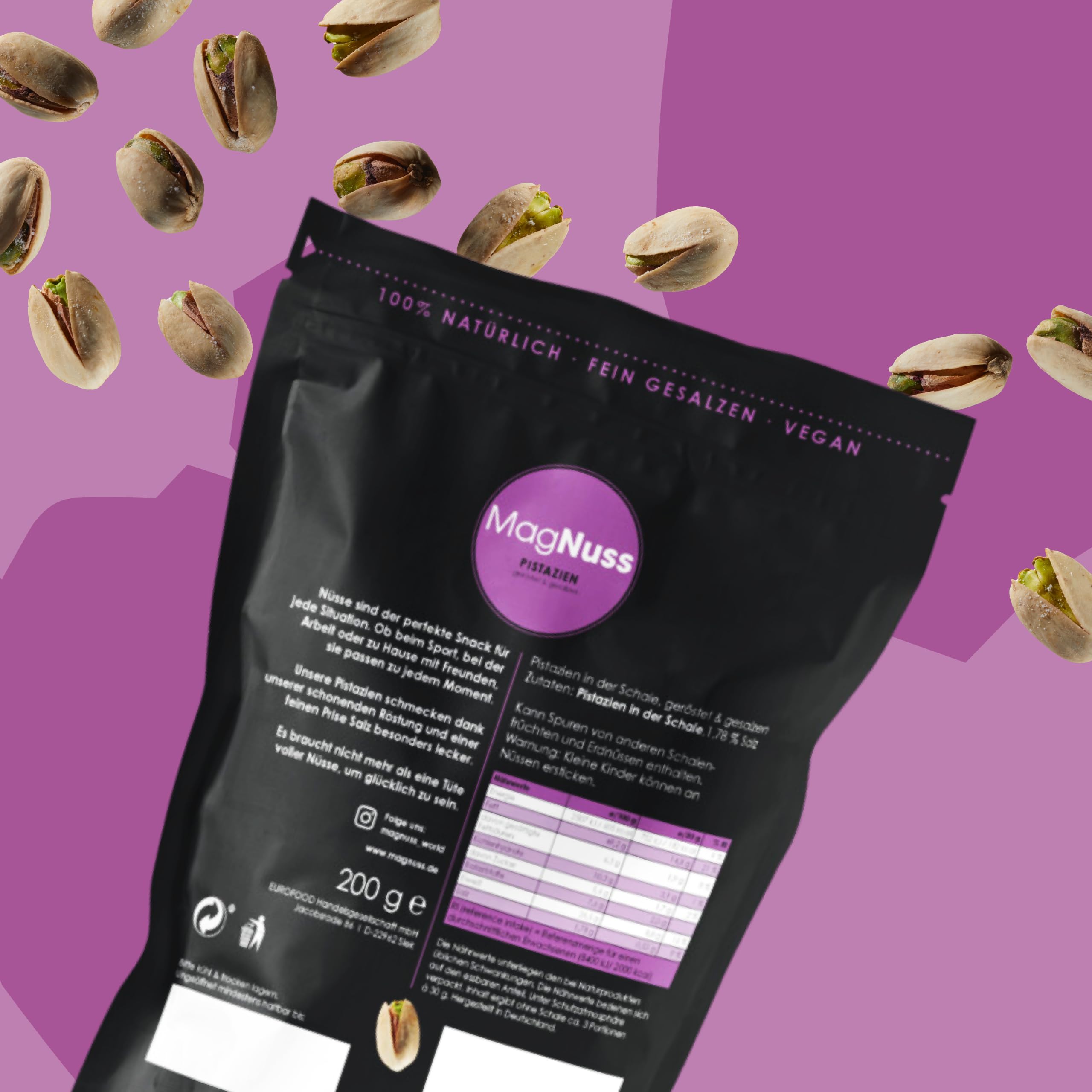 MagNuss Geröstete & gesalzene Pistazien | Knackige Snack-Delikatesse | 6x 200g-Packung | Premium-Qualität | Vegan und glutenfrei