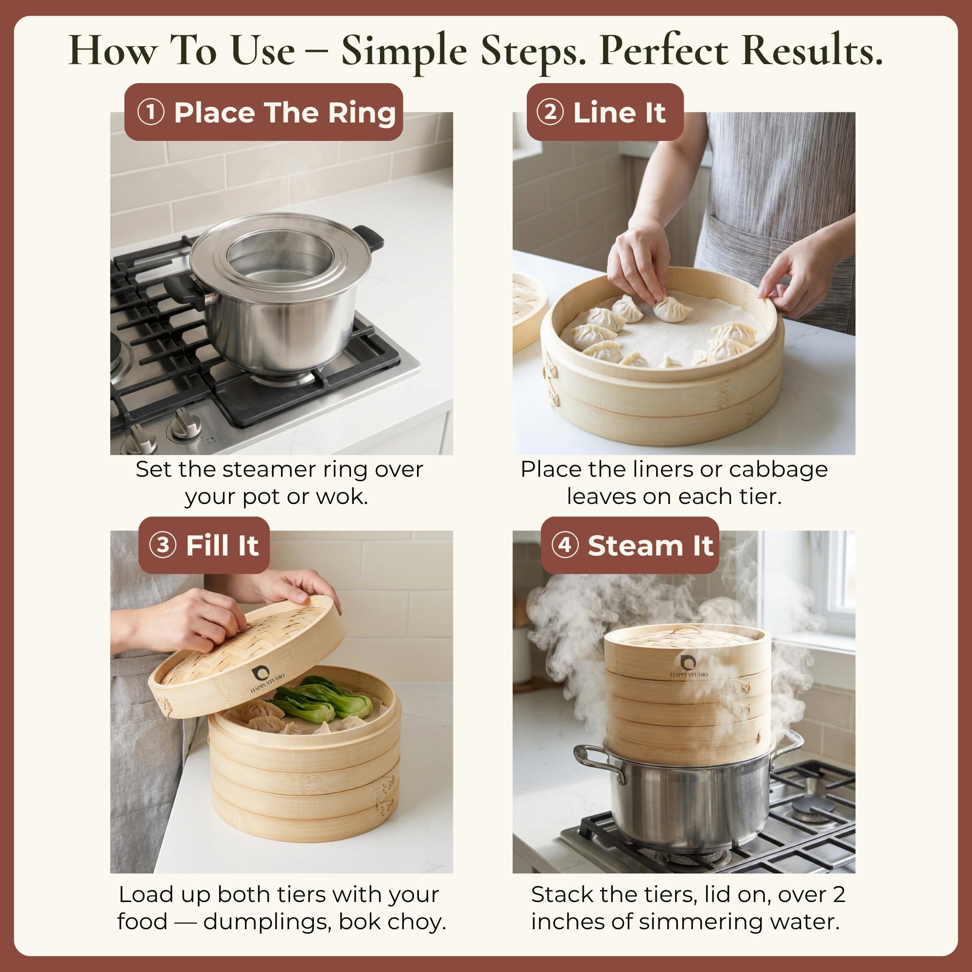 HAPPi STUDIO Bamboo Steamer Basket 10 inch and 304 Stainless Steel Steamer Ring Set - 100% Natural Handmade 2-Tier Dumpling Steamer for Cooking Dim sum, Bao Bun - Cotton Liners Included - Extra Deep