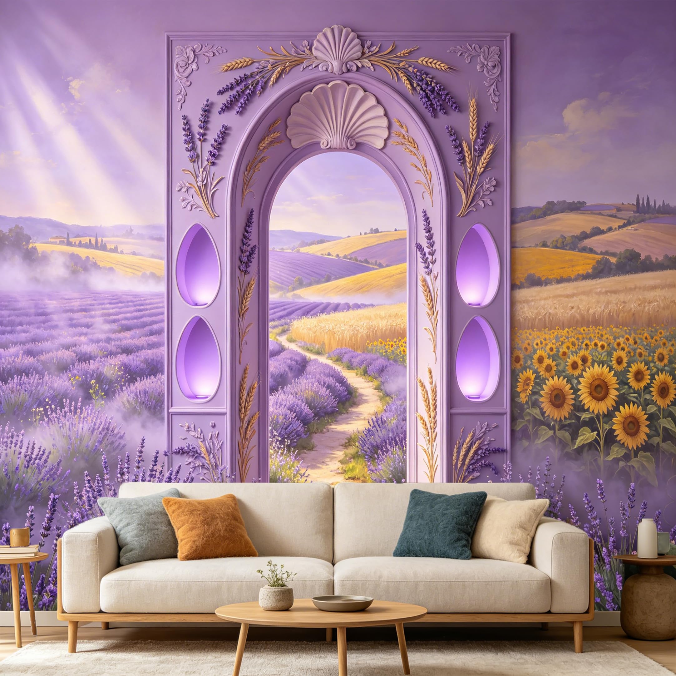 Custom Size Wall Mural， 3D Archway Purple Lavender Sunflower Fields Provence Landscape， SelfAdhesive Art Prints wall Fabric Removable Large Wallpaper Home Living Room Decor