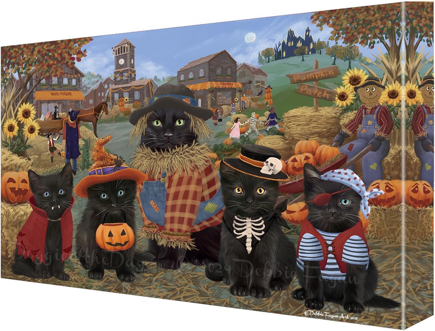 Halloween 'Round Town with Black Cats Canvas Wall Art - Premium Quality Ready to Hang Room Decor - Black Floating Framed 16" x 24"