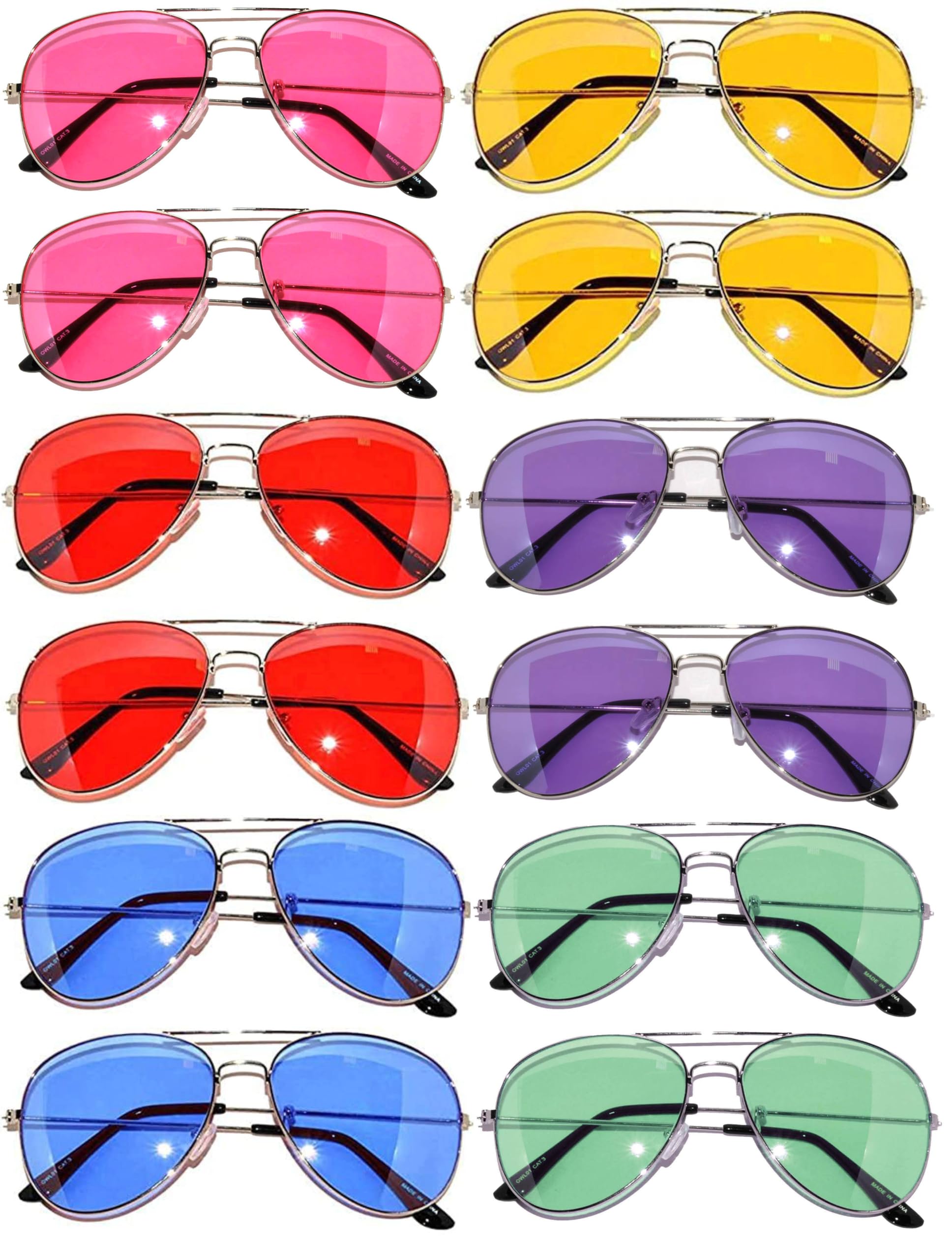 OWL 12 Pack Bulk Aviator Sunglasses Metal Gold, Silver, Black Frame for Men Women Party Glasses