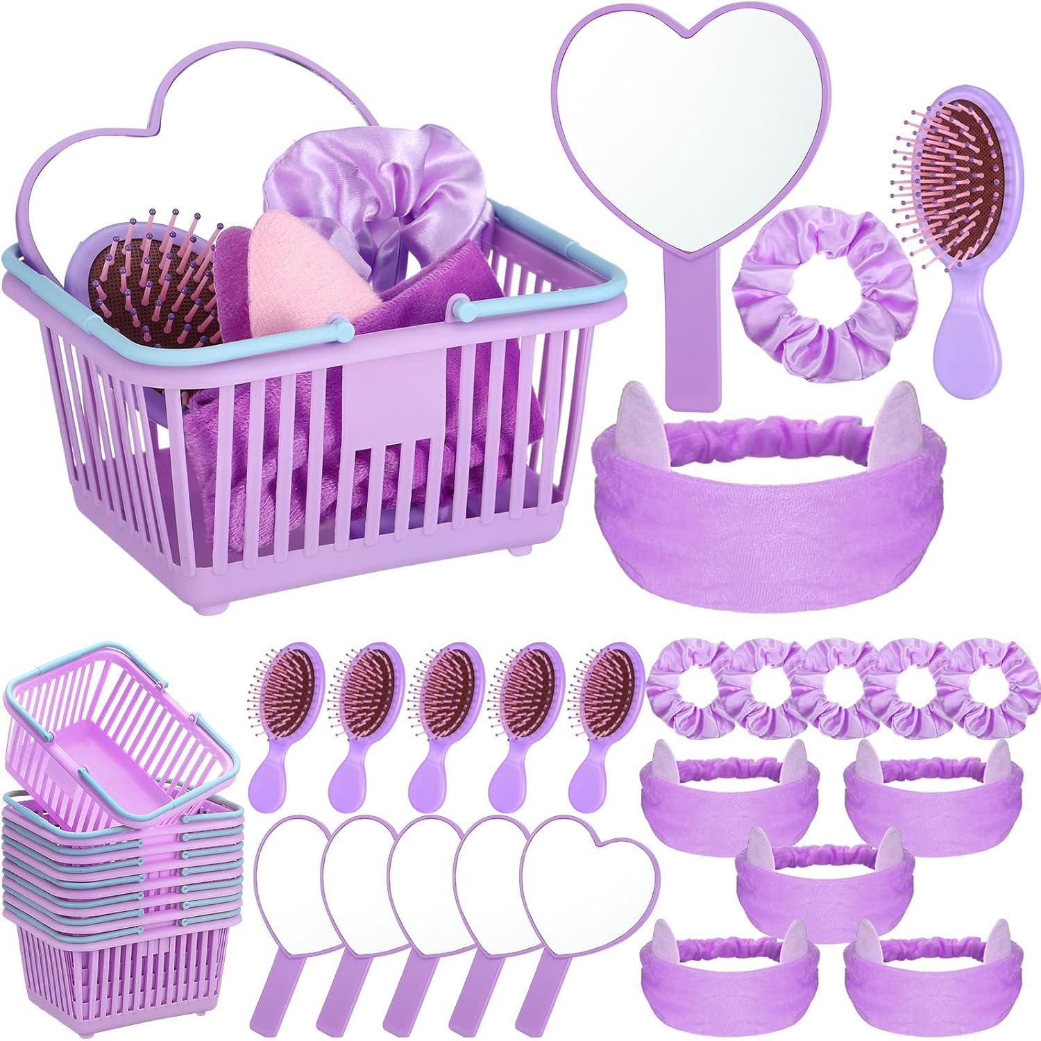 32 Pcs Spa Party Supplies Sleepover Party Favors with 8 Lovely Basket 8 Heart Shaped Mirror 8 Headbands 8 Satin Hair Scrunchies 8 Hair Brush for Spa Birthday Party Gift(Purple)