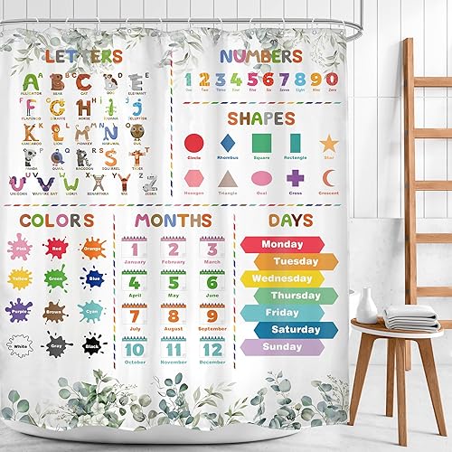 Miniatura 2 de Cortina de ducha con alfabeto ABC para niños, 60 pulgadas de ancho x 72 pulgadas de alto, diseño de animales de dibujos animados, hojas de
