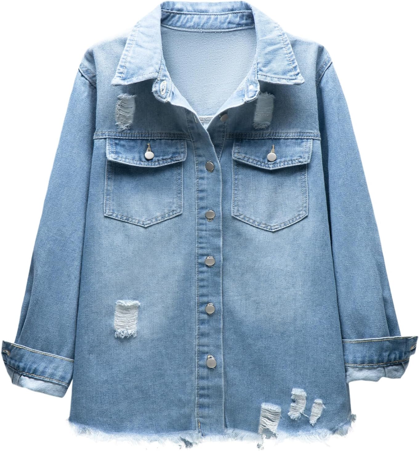 Women's Oversized Jean Jacket Casual Long Sleeve Denim Shirts Distressed Frayed Hem Denim Jackets Fall Outfits 2025 - Image 4