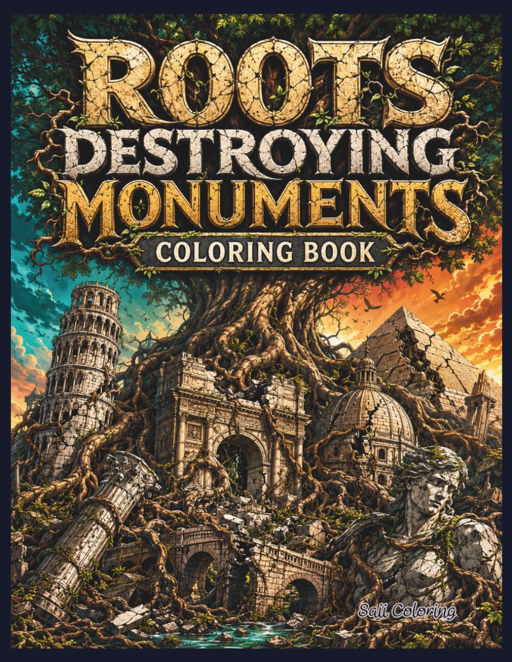 Roots Destroying Monuments Coloring Book: 40 Epic Dark Fantasy Scenes of Colossal Tree Roots Crushing Famous Landmarks, Ancient Ruins, Statues, Temples, and Lost Cities for Adults and Teens