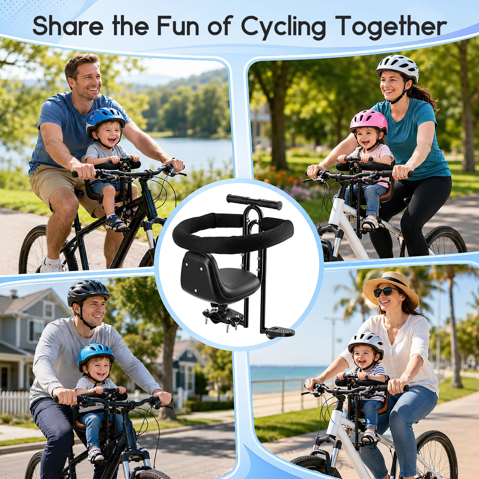 Kinderfahrradsitz Vorne – Verstellbarer Front-Kindersitz für 1-7 Jahre (bis 50 kg), mit Schutzbügel & Fußstützen, für Mountainbikes & Fahrräder mit Oberrohr