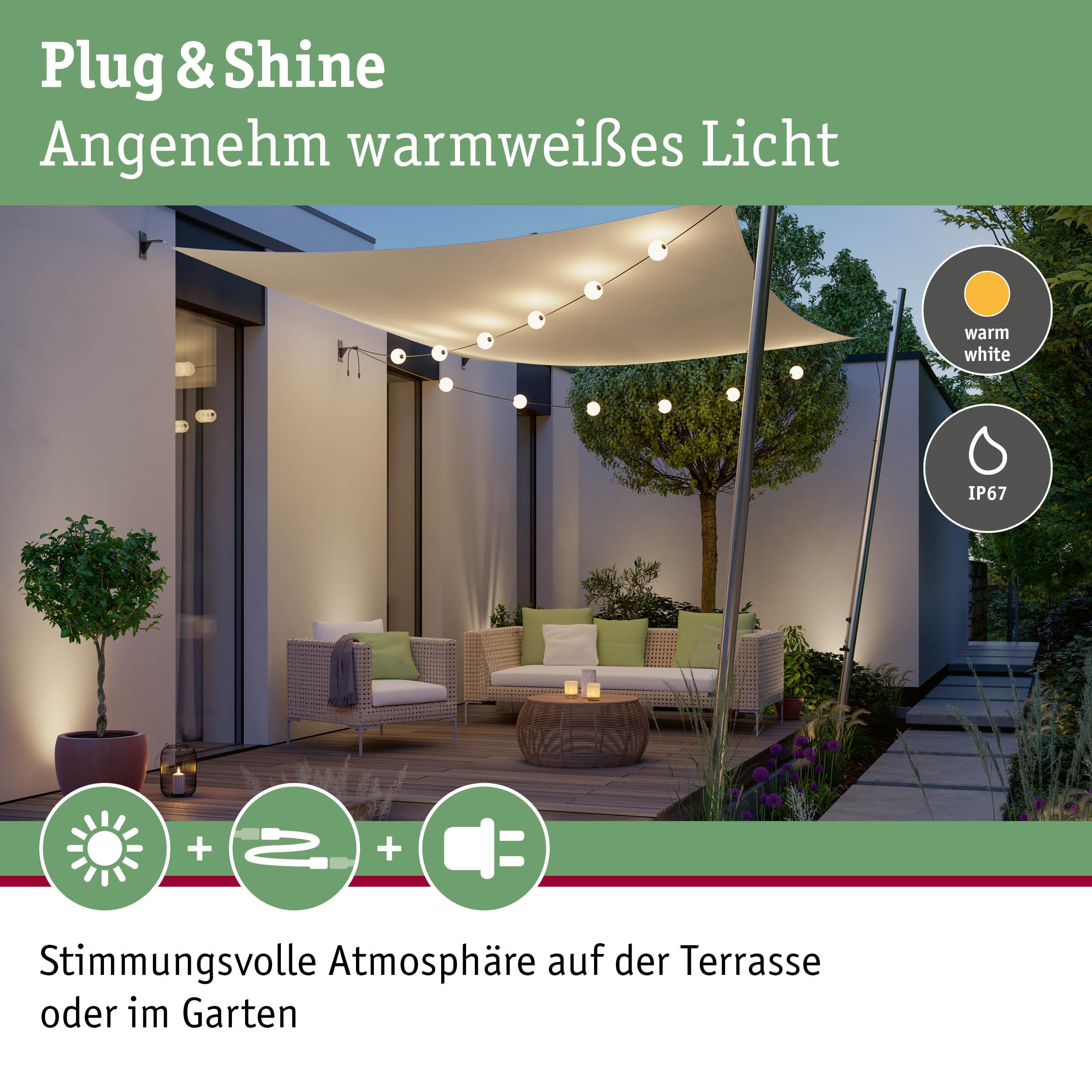 Paulmann 94910 Plug & Shine LED Lichterkette Naima Basisset IP67 3000K 6x1W 5,88m Schwarz