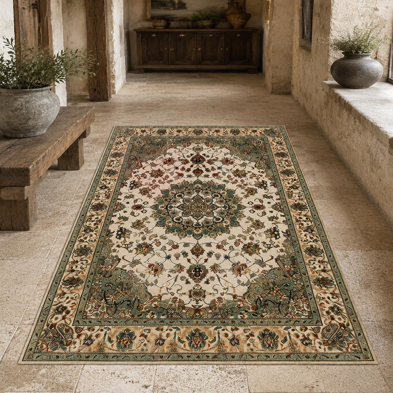 Tapis oriental floral haut de gamme multicolore vert et marron pour couloir et salon