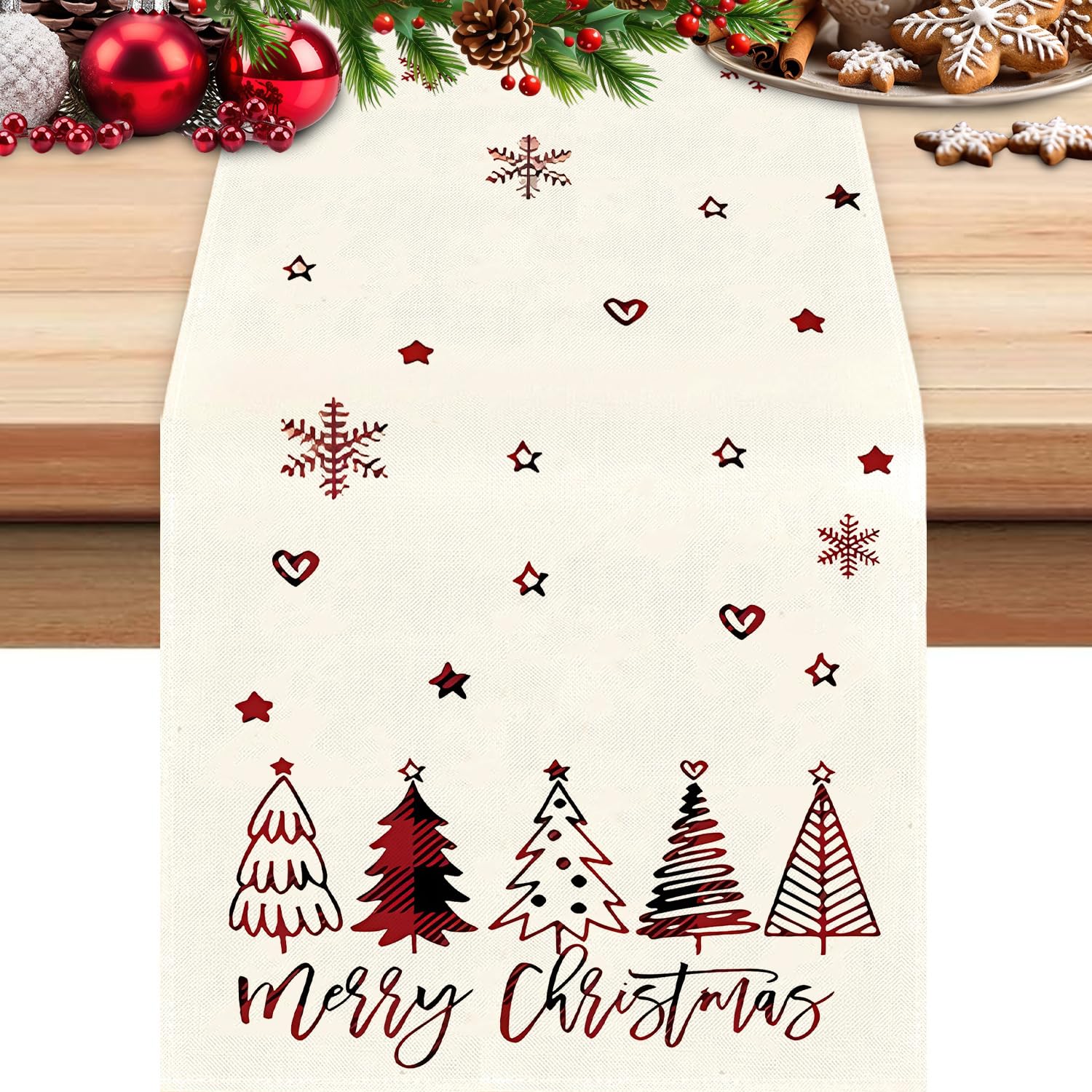 Camino de Mesa de Navidad, Camino de Mesa con Pinos Rojos, Decoración Navideña de Invierno, Camino de Mesa Lavable, Decoracion para Vacaciones, Fiesta, Comedor(40x140 cm)