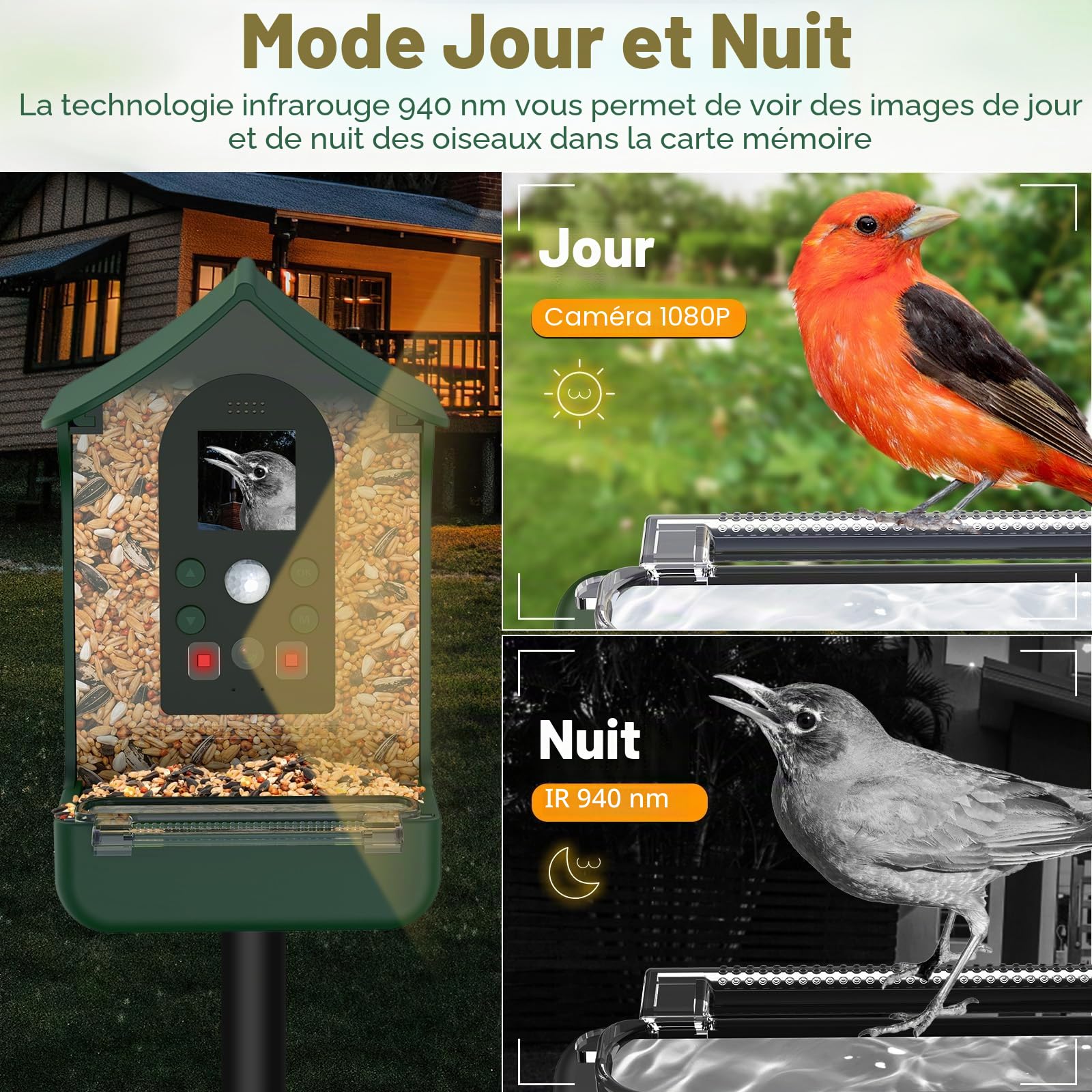 Mangeoire Oiseaux Camera, 1080P HD Vision Nocturne Mangeoire Oiseaux Exterieur Camera Intelligente Capture Automatique D’Images/Vidéos Microphone Intégré avec Mangeoire à Oiseaux Colibri