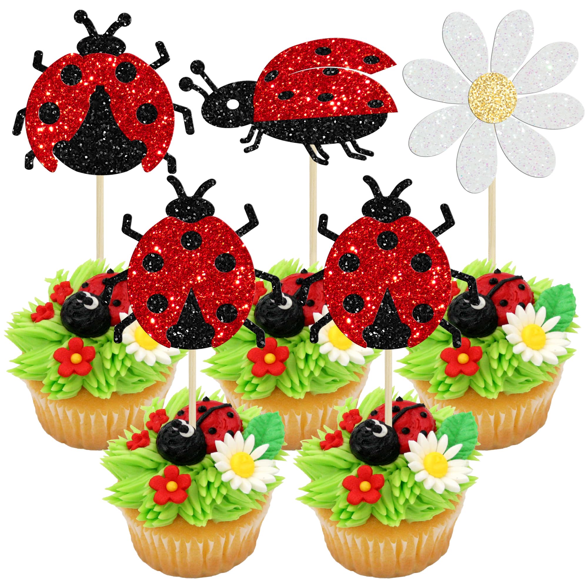 Gyufise 24Pcs Ladybug Cupcake Toppers Glitter Flower Ladybug Insect Cupcake Pick Decorations for Garden Theme Baby Shower Birthday Party Cake