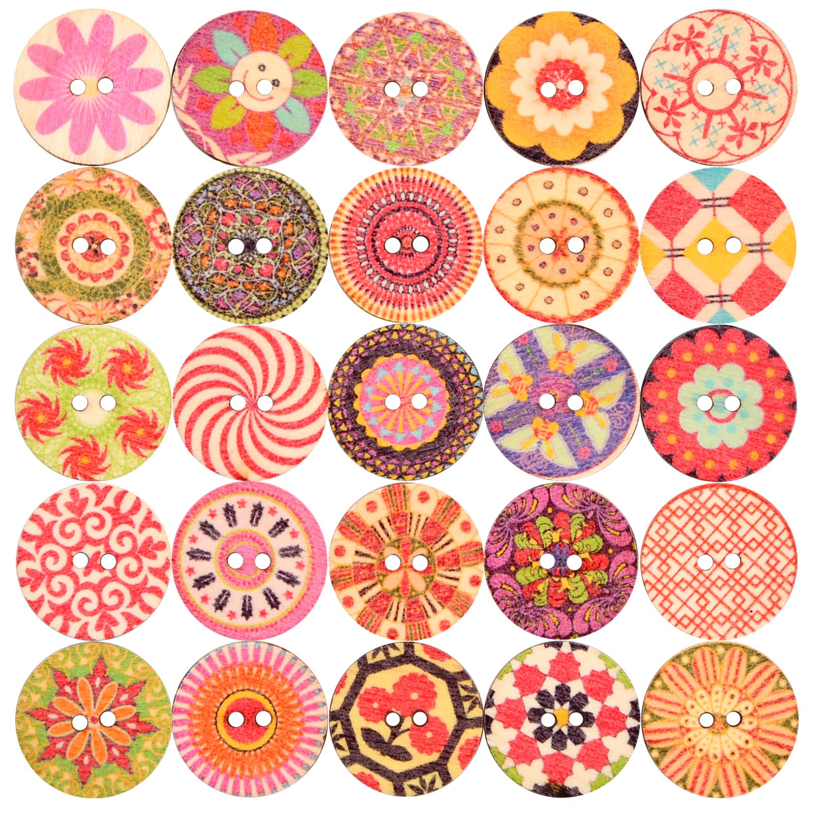 Lot De 100 Boutons En Bois Multicolores 20 Mm | Motifs Rétro, Floraux, Géométriques | Pour Couture, DIY, Décoration | Résine Lisse - 13