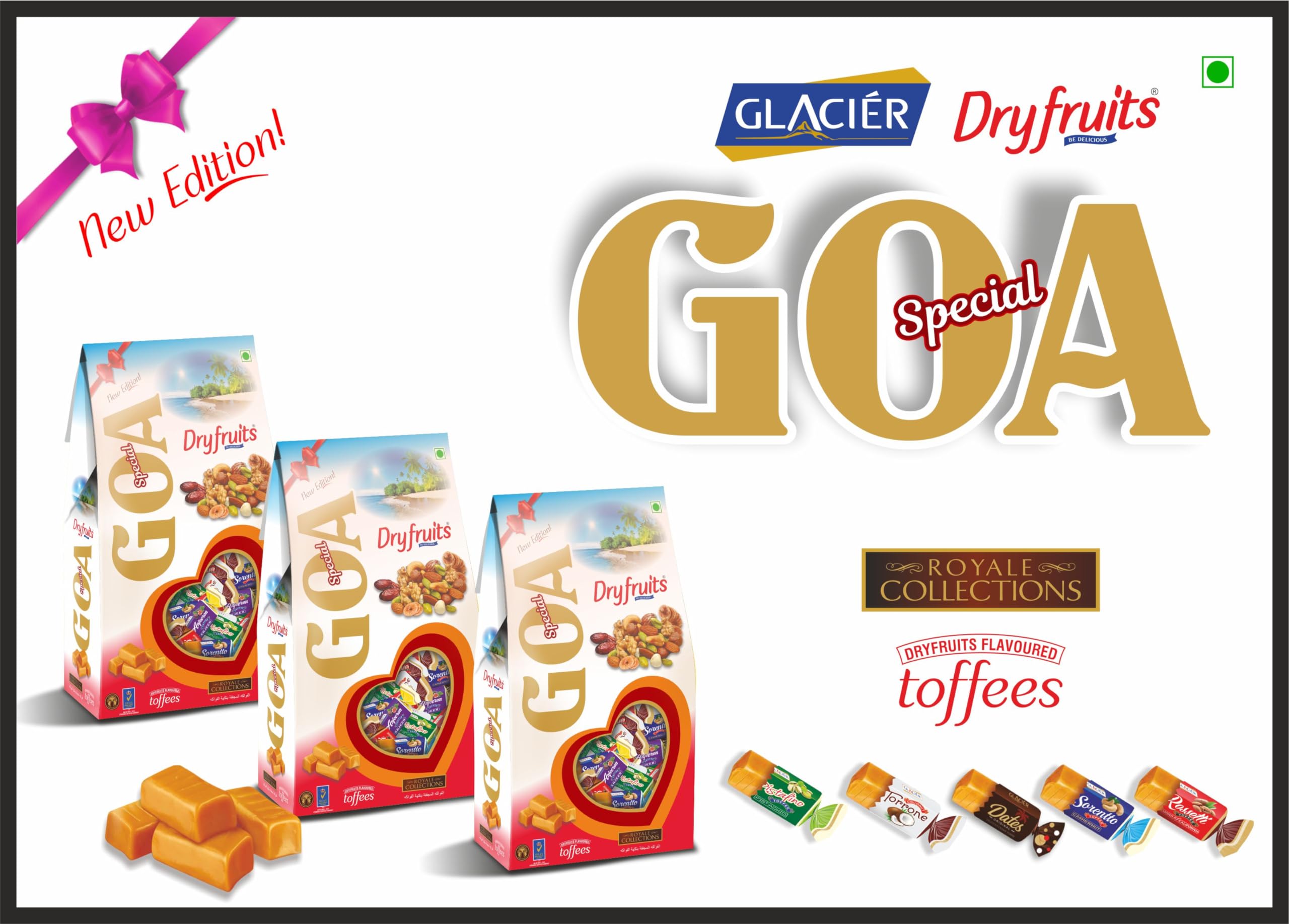 Glacier Goa Dryfruit Toffee | Royale Collection Dry Fruit Flavoured Toffees | Cashew, Almonds, Coconut, Anjeer, Dates and Pista Toffees/Pack of 3 / 250gmsx3