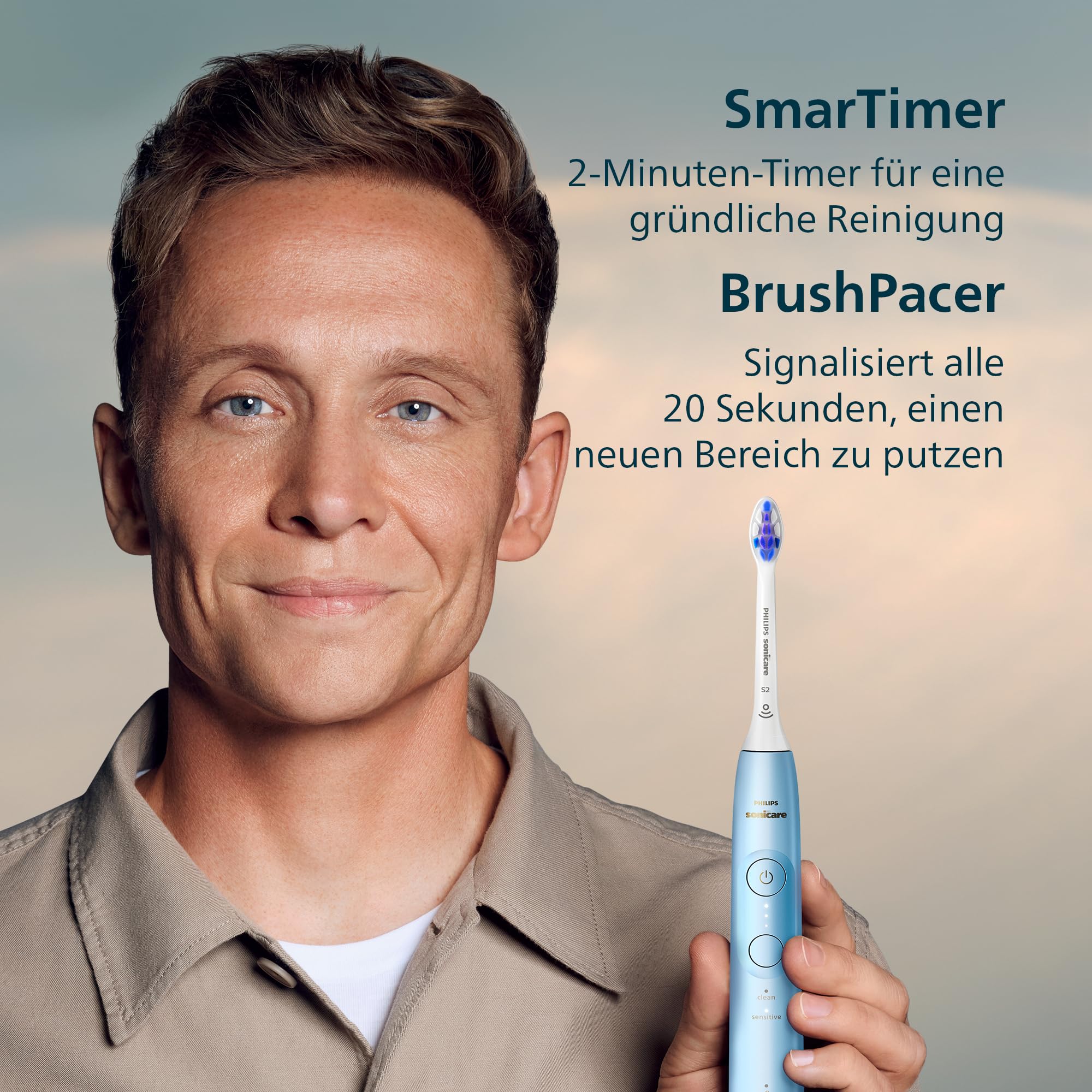 Philips Sonicare 6100 elektrische Zahnbürste, Schallzahnbürste mit 2 Putzmodi, 3 Intensitätsstufen, Andruckkontrolle, EasyStart, SmarTimer, BrushPacer, Hellblau, Modell HX7406/02 [Neue Technologie]