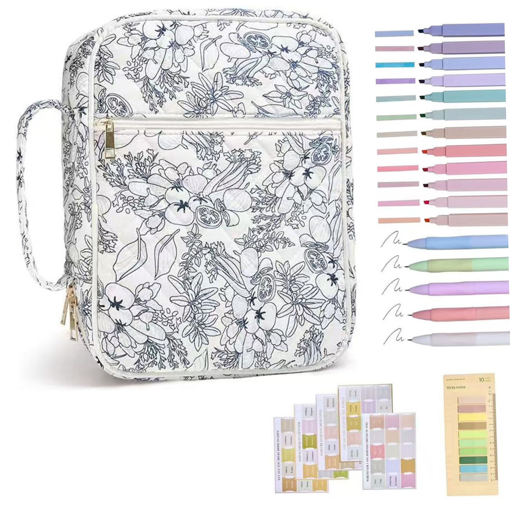 Bible Cover, Quilted Floral Portable Protective Large Bible Bag with Tabs & Highlighters & Pens Elegant for Girls, Women White + Navy Blue