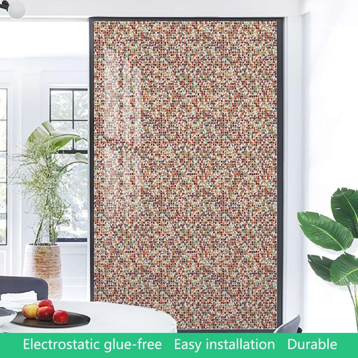 Multicolor Window Sticker Non-Adhesive Glass Film Tradition Geometry Square Pattern Window Film Privacy Stained Static Cling Glass Film Abstract 35.4Wx78.7L-inch