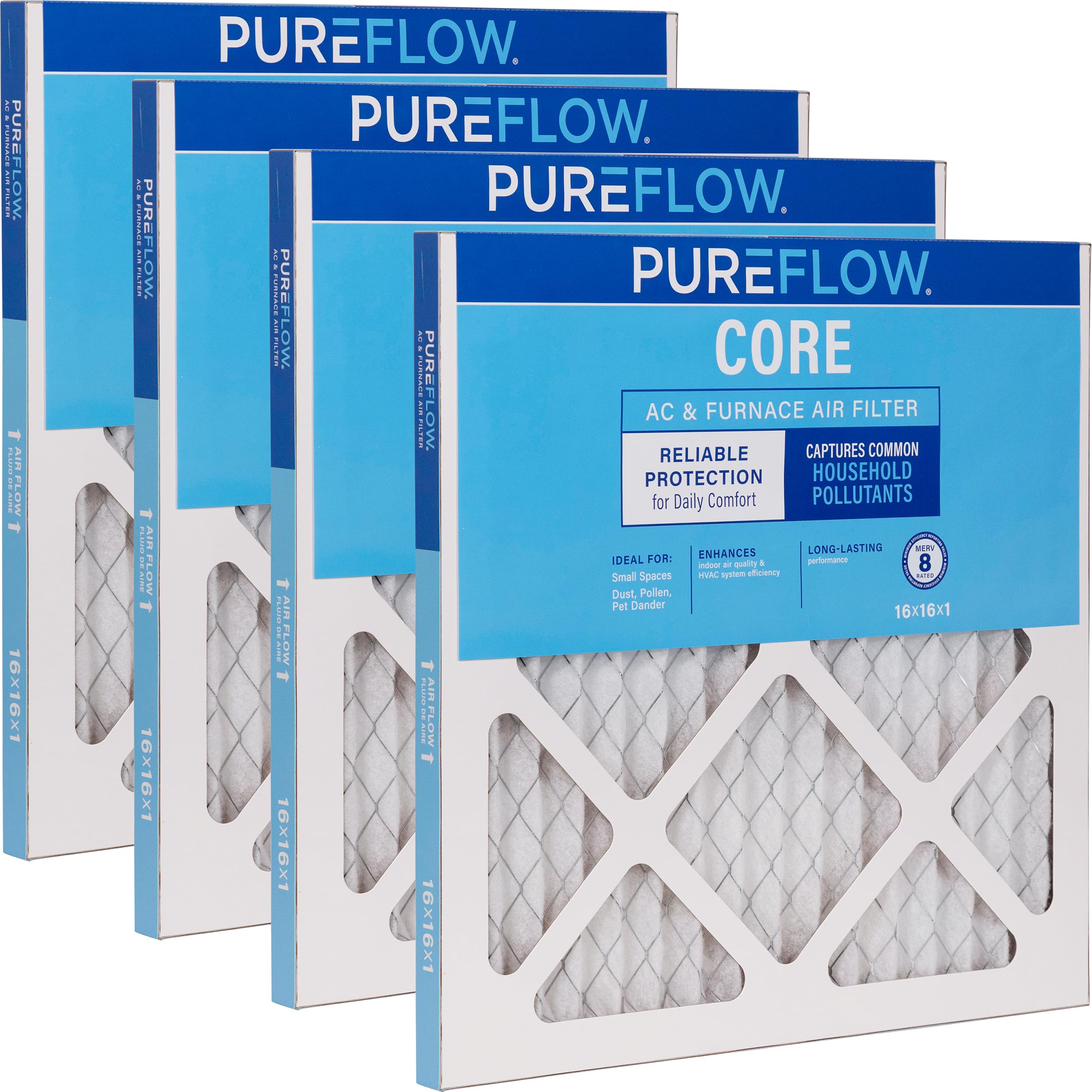 PUREFLOW Home Air Filter MERV 8, 16x16x1 Furnace Filter, 4 Layer High Efficiency Filtration for Dust, Smoke, Fumes, Pollutants (4-Pack)