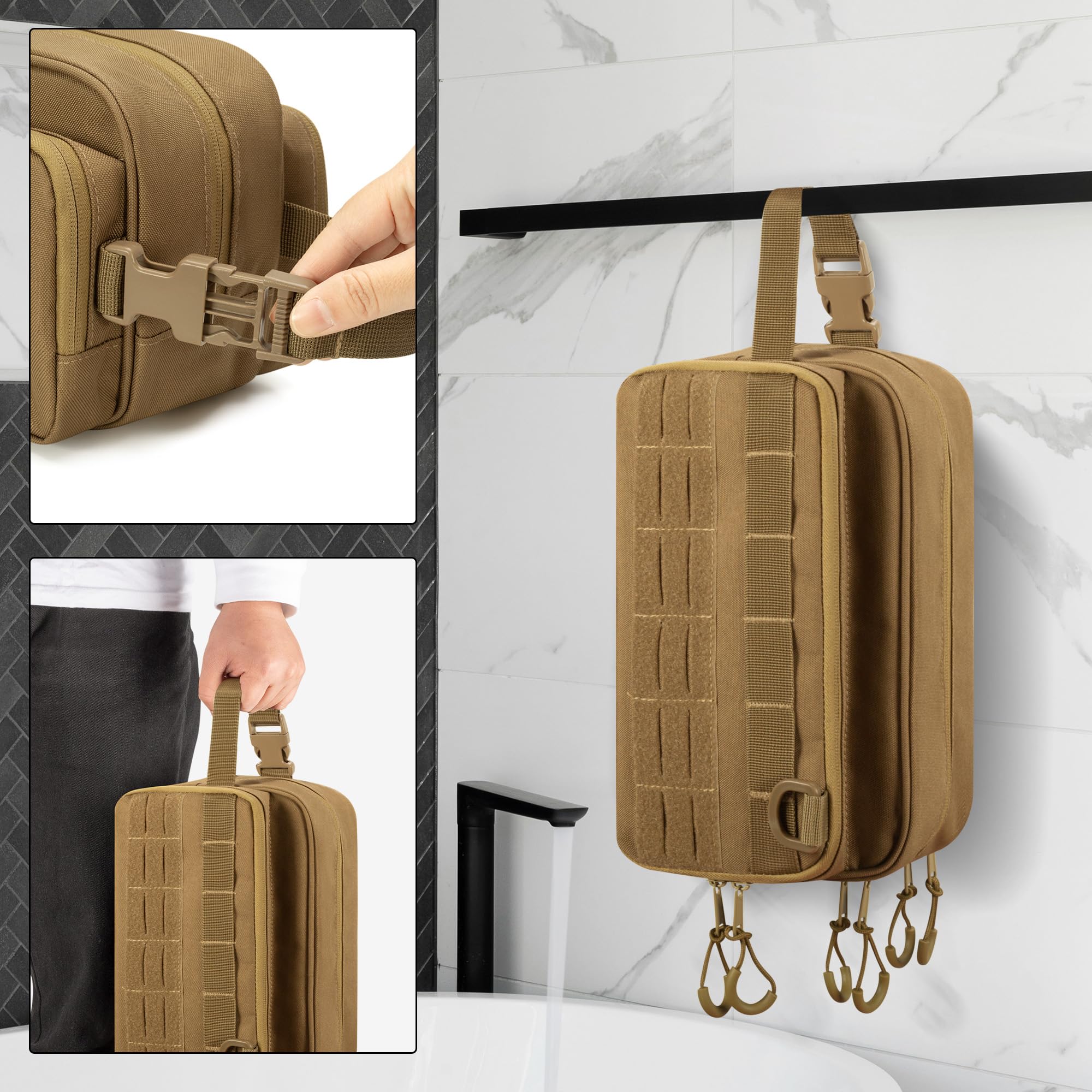 Borsa tattica da viaggio da uomo, kit Dopp per rasatura, organizer per articoli da toeletta, doccia e accessori per la cura della toelettatura (solo borsa vuota, design brevettato), Cachi